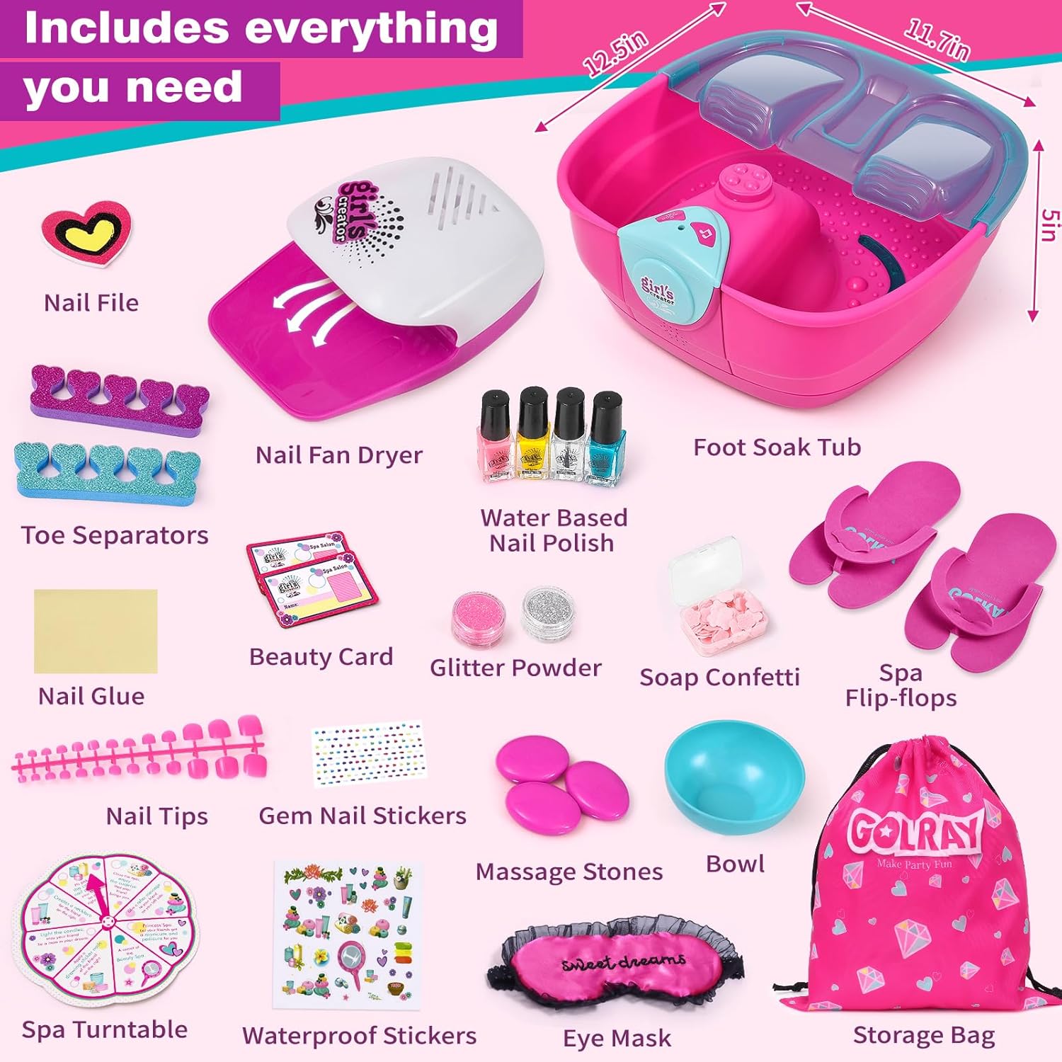 Golray Girls Foot Spa and Nail Kit Ages 5-12 Bubble Massage Soak Tub - Image 3
