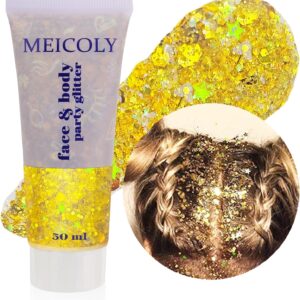 MEICOLY Gold Body Glitter,Yellow Face Glitter,Music Festival Accessories Outfits for Women,Mermaid Sequins Hair Glitter Makeup,Sparkle Face Body Glitter for Country Concert,Mardi Gras Accessories