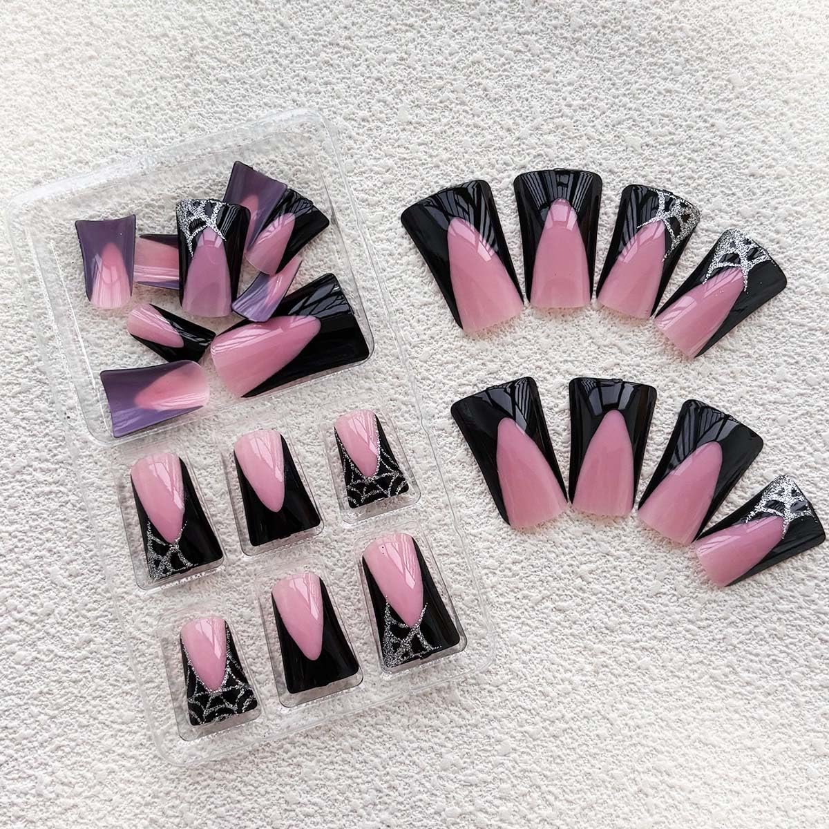 24Pcs Medium Duck Nails Press On Black French Tip with Spider Web Glitter Design - Image 5