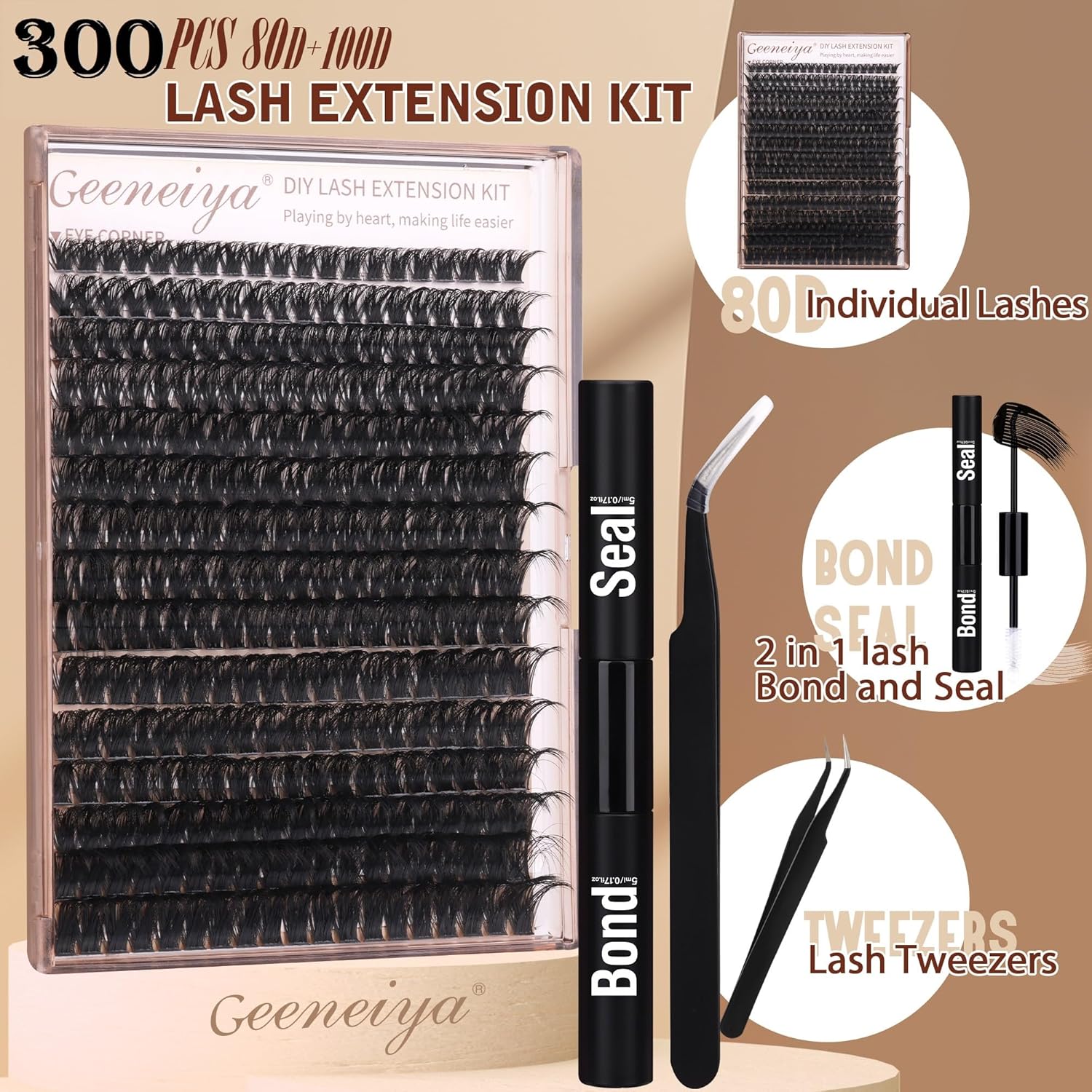 Geeneiya DIY Volume Lash Clusters Kit Bond Seal Tweezers 300 Pcs Mink Lashes - Image 2