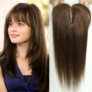 HAIRCUBE Human Hair Toppers For Women, 100% Remy Human Hair Topper With Bangs, 150% Density Silk Base Clip In Topper For Women14in 40g - Dark Brown