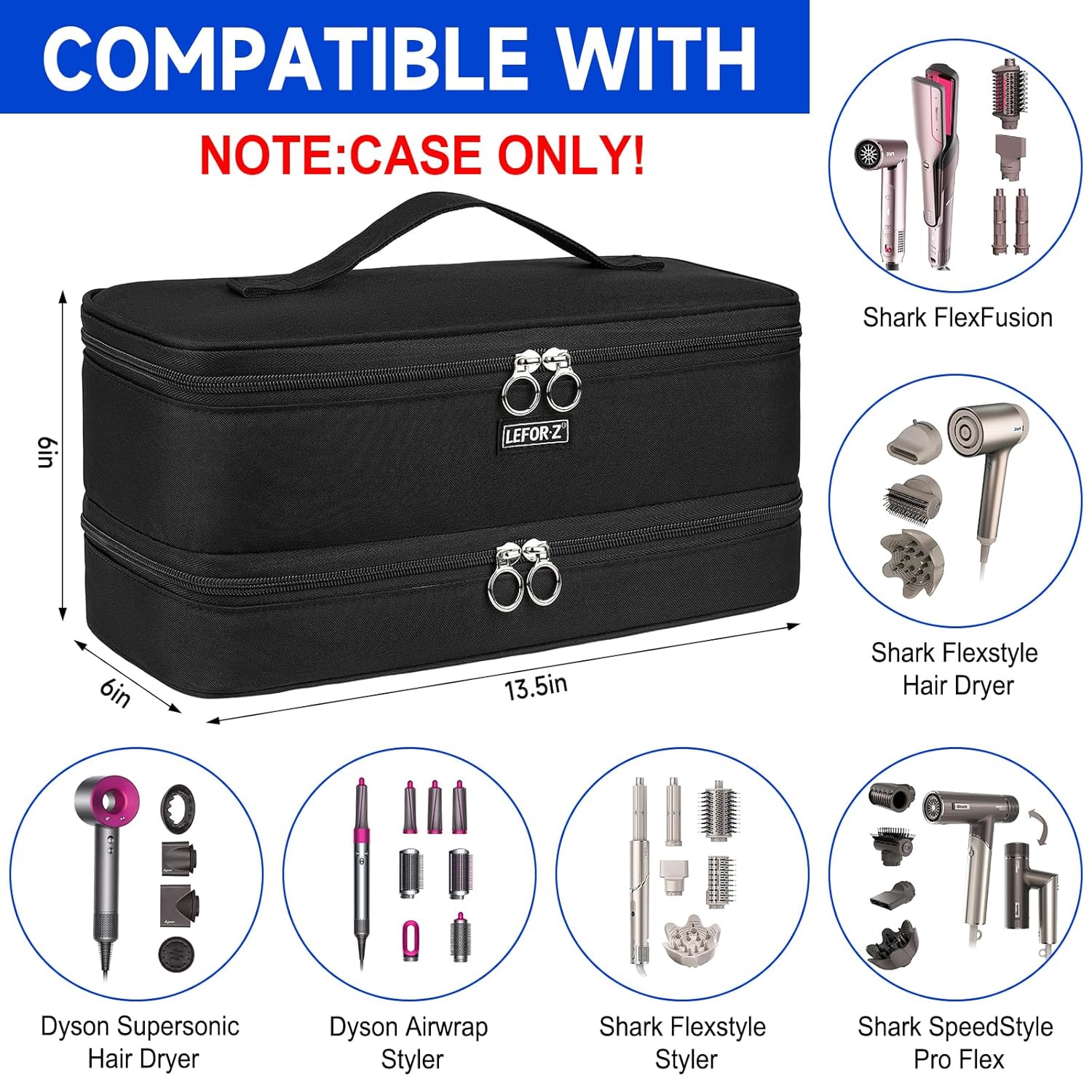 Black Double-Layer Travel Carrying Case for Shark Flexstyle and Dyson Airwrap Hair Dryers - Image 2