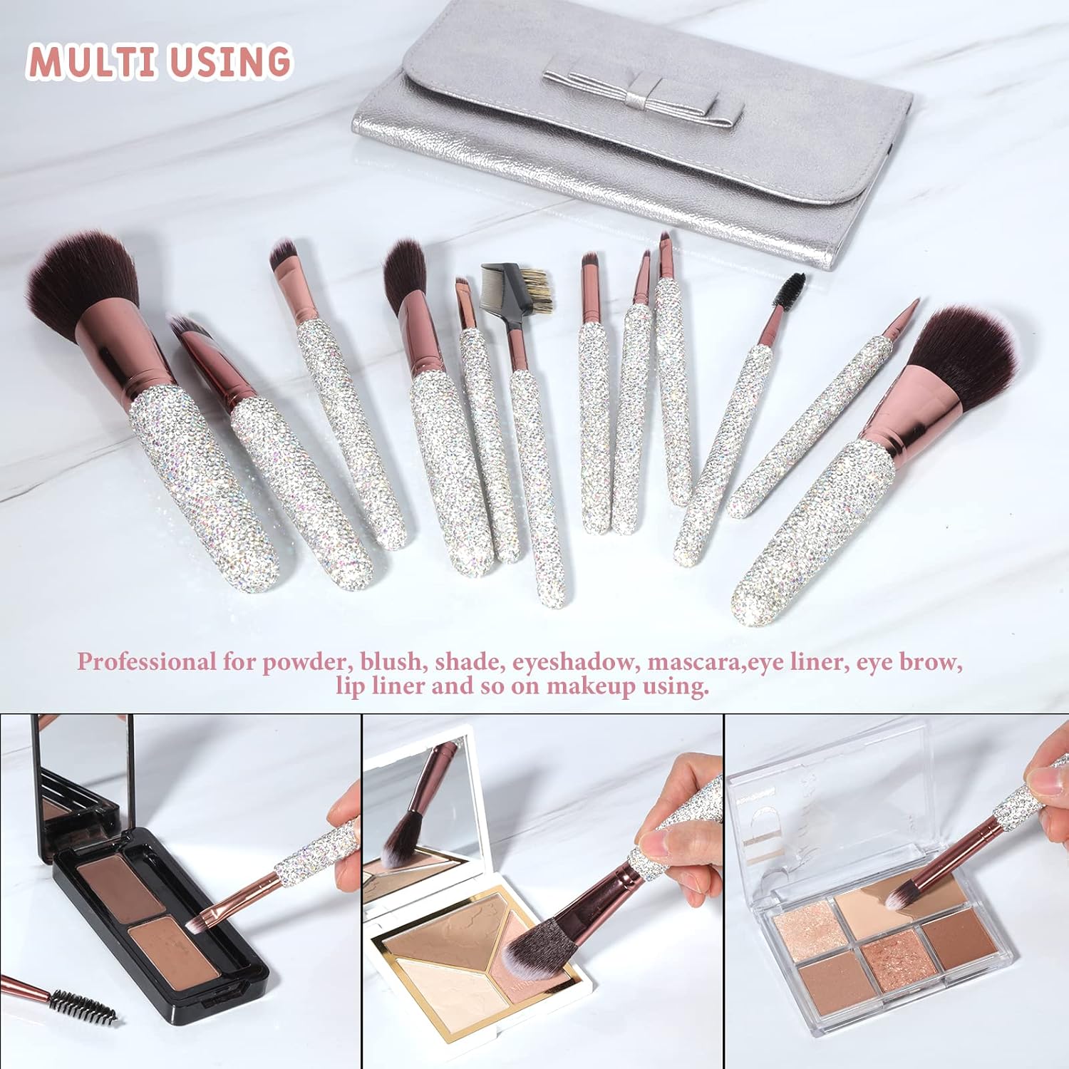 Bling Crystal Makeup Brushes Set 12PCS Glitter Beauty Tool Professional White - Image 8