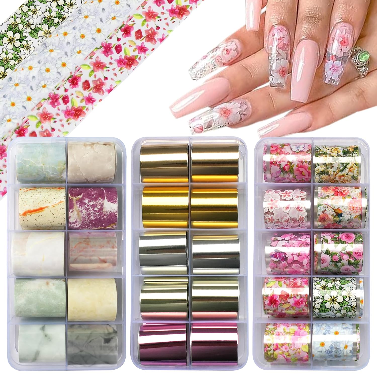 LoveOurHome 30 Sheet Metallic Nail Foils Sticker Marble Transfer Nail Foil Sticker Decals Flower Transfer Foils Stickers Wrap Gold Silver Foil Wraps Acrylic Nail Supplies for Crafts Nails Design