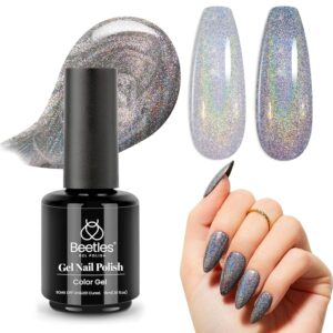 Beetles Holographic Gel Polish - 15ml Reflective Silver Iridescent Nail Polish with Flash Glitter, Soak Off, UV LED Lamp