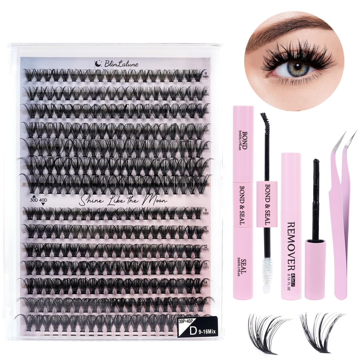 DIY Lash Extension Kit Individual Eye Lash Cluster Perfect for At-Home Use, Beginner-Friendly with Bond Seal Remover and Tweezers (NM01(30D+40D Lash Kit 280Pcs))