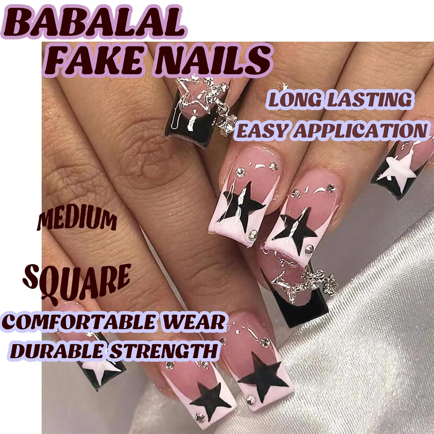 BABALAL Medium Square French Tip Press on Nails with 3D Star Charm and Rhinestones, 24 Pcs - Image 4