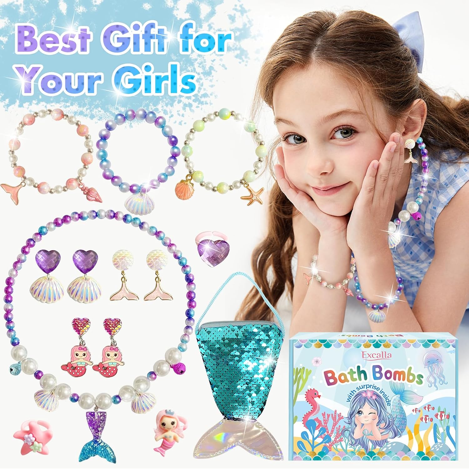 Mermaid Bath Bombs for Kids, 9 Pc Natural Handmade Toy Surprise Set - Image 5