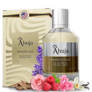AHUJA Majestic Oud Eau De Parfum For Men & Women 3.4 fl oz, Long Lasting Luxury Fragrance for Him and Her, Unisex Perfume Enduring Nature Scents - Oud, Vanilla, Raspberry, Rose, Peony, Wood, Patchouli