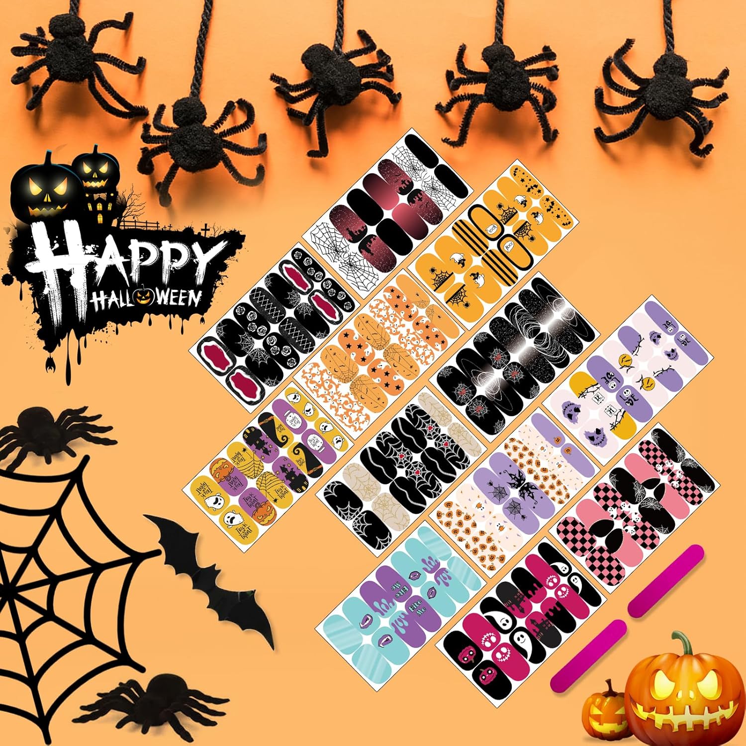 12 Sheets Halloween Nail Wraps Stickers with Glitter Patterns and 2 Nail Files for DIY Decor - Image 7