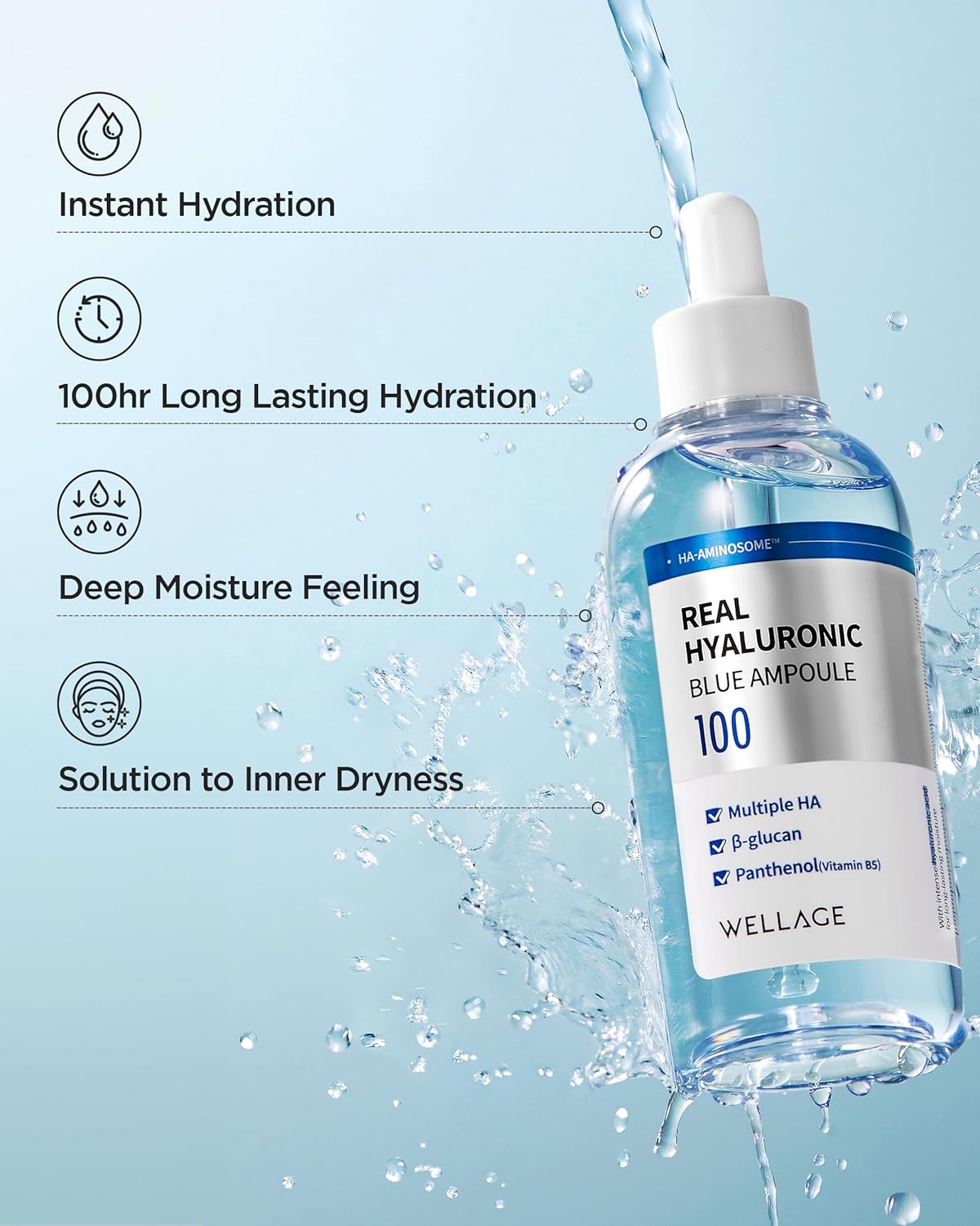 WELLAGE Real Hyaluronic Blue Ampoule 100ml Fragrance Free Hydrating Serum for Sensitive Skin - Image 4