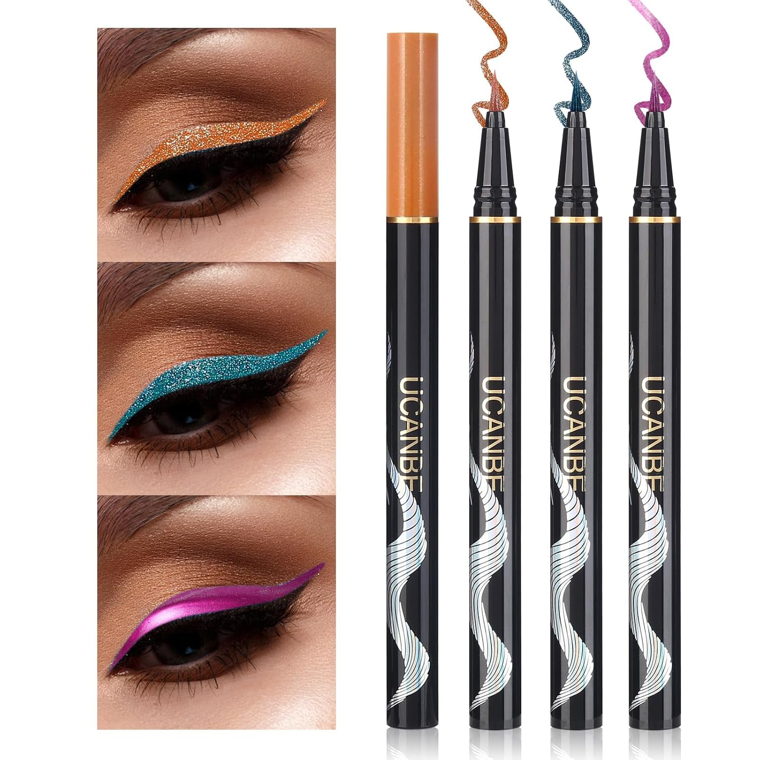 UCANBE 3 Color Metallic Waterproof Liquid Eyeliner Set - Chrome Green, Light Purple, Gold Orange for Eye Makeup, Pigmented All Day & Smudgeproof Eye Liner Makeup Gift Kit for Women