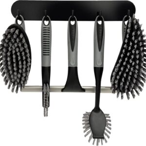 Scrub Brush Set of 6 pcs - Cleaning Shower Scrubbers with Squeegee for Shower Glass and Adhesive Wall Hooks Including Grout Cleaner Brush, Scrub Brushes for Cleaning Bathroom, Shower, Tile, Bathtub
