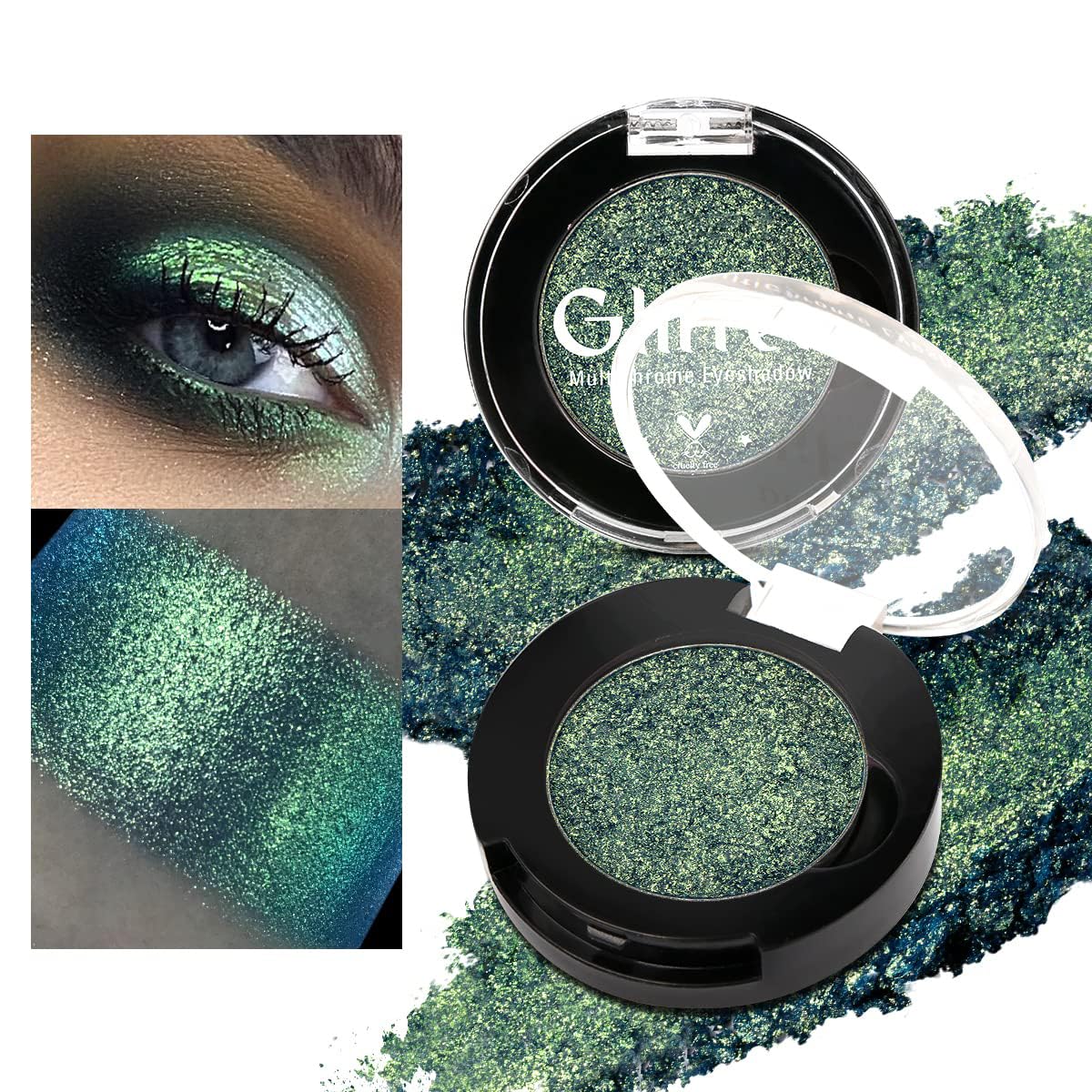 BEUSELF Glitter Multichrome Emerald Green Eyeshadow, Bright Dark Olive Green Gold Duochrome Eye Shadow Palette, Highly Pigmented & Long Lasting Cream Eyeshadows, Vegan Talc Free for Travel Size