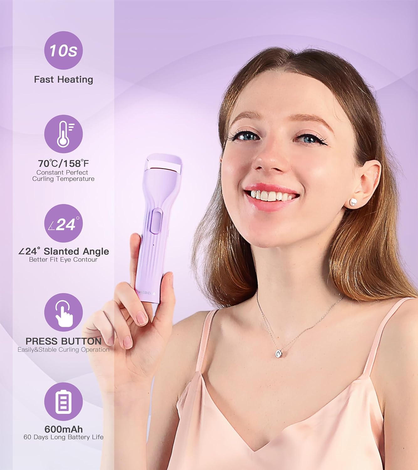 Rechargeable Heated Eyelash Curler Purple 600mAh Battery Silicone Pad Long-Lasting Lift - Image 2