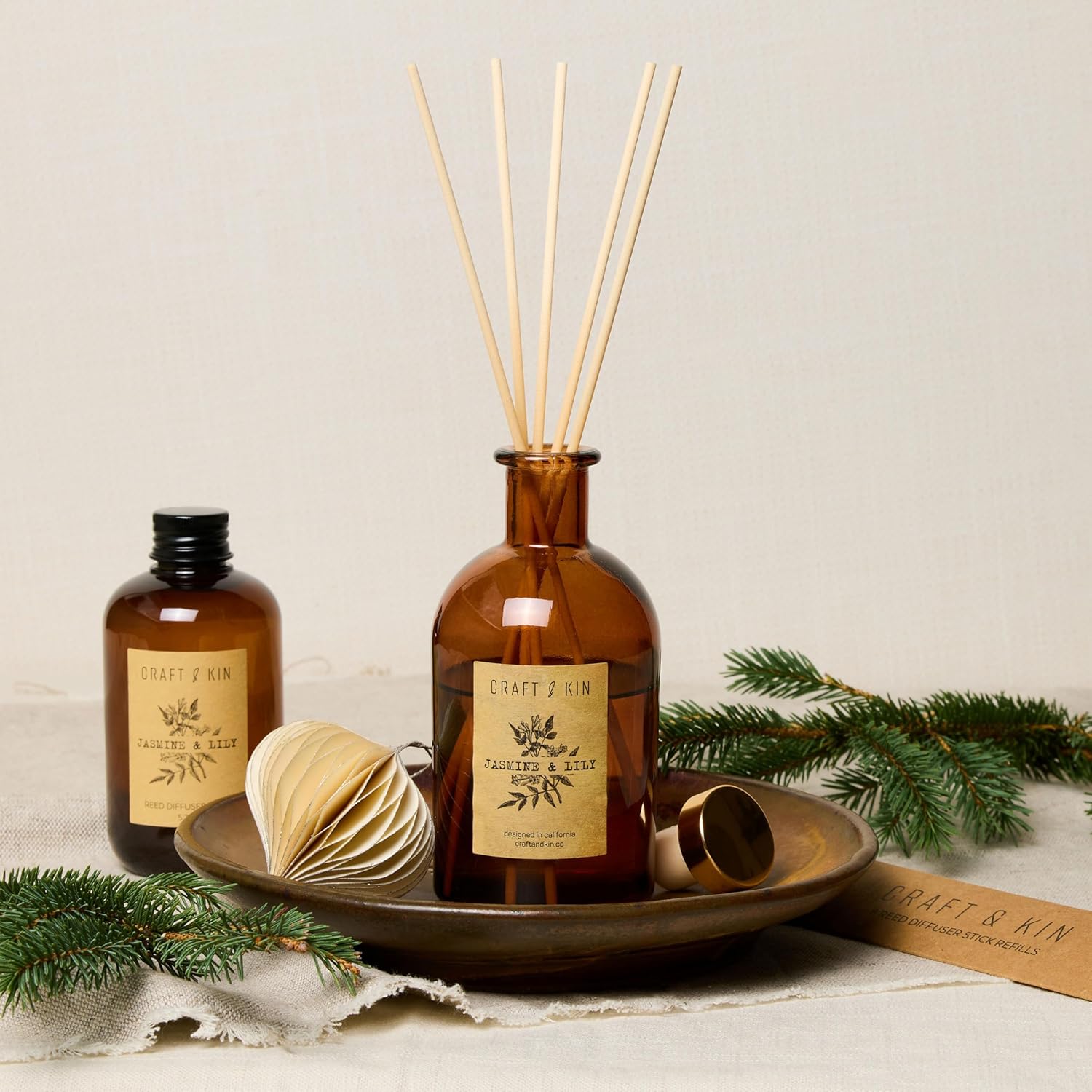 Craft & Kin Lily & Jasmine Reed Diffuser 5.75oz Amber Glass with 8 Rattan Sticks - Image 3
