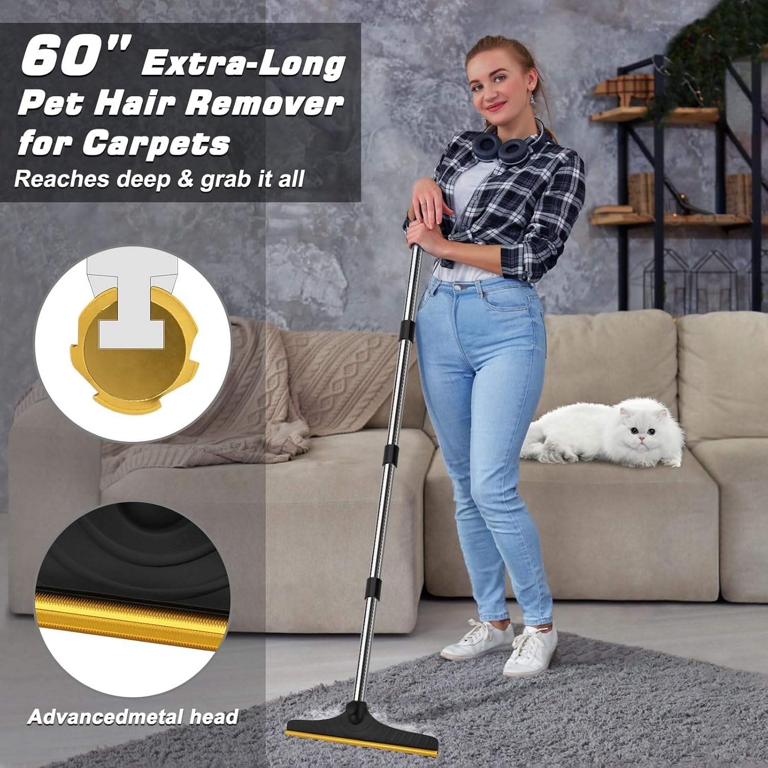 B-Land 60-Inch Adjustable Carpet Rake for Effortless Pet Hair Removal on Rugs and Mats - Image 2
