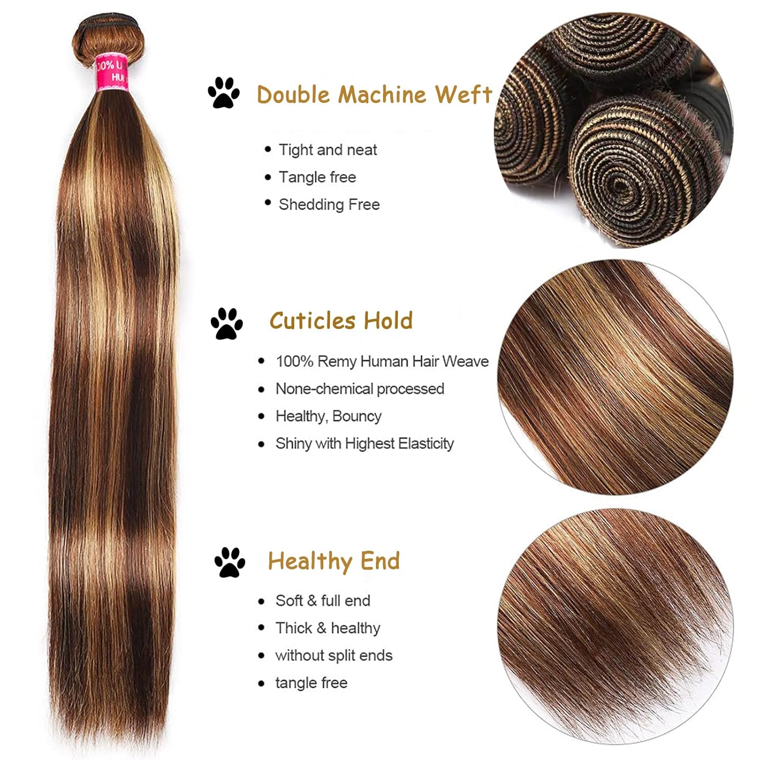 Honey Brown Ombre Human Hair Bundles with 4x4 Closure Soft Straight 3 Bundles 12 14 16 Inch - Image 4