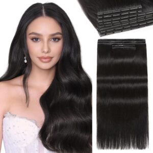 LADY MIRANDA Double Sided OVO PU Invisible Weft Hair Extensions Real Human Hair 18 Inch 100G Micro Ring PU Black Hair Extensions Twin Tabs Invisible Weft Extensions with Micro Beads(1B, 18 Inch)
