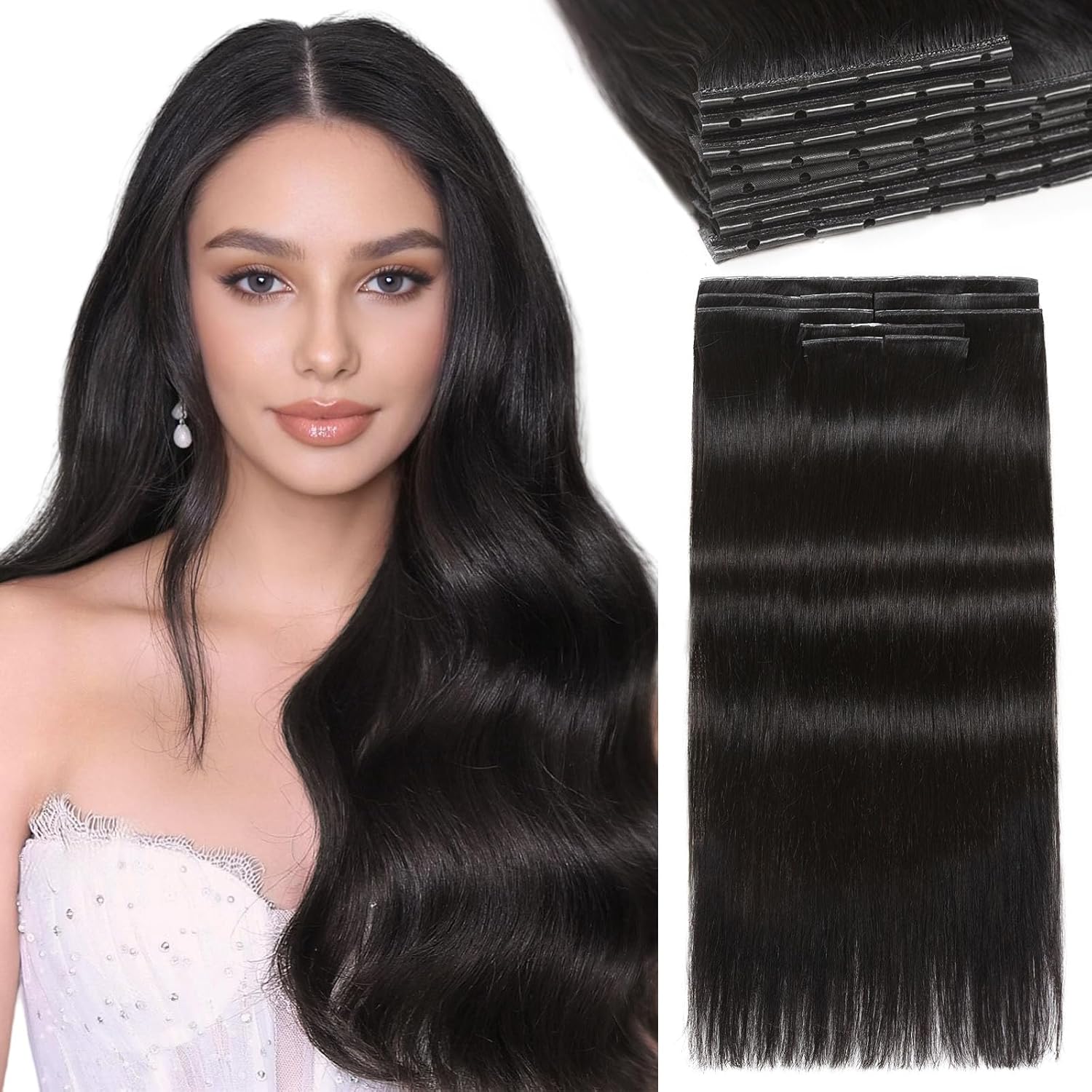 LADY MIRANDA Double Sided OVO PU Invisible Weft Hair Extensions Real Human Hair 18 Inch 100G Micro Ring PU Black Hair Extensions Twin Tabs Invisible Weft Extensions with Micro Beads(1B, 18 Inch)