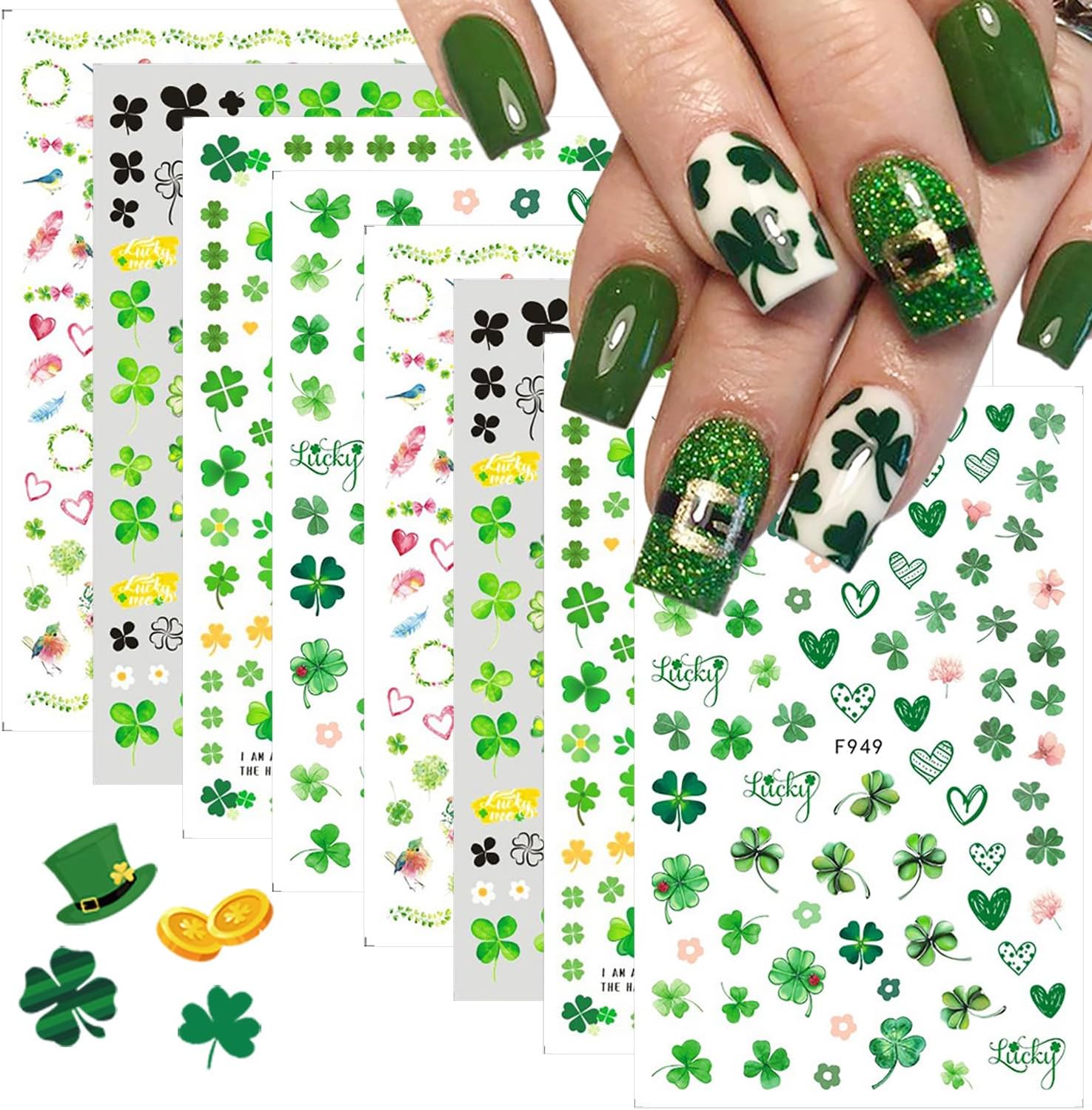 8 Sheets St Patrick’s Day Nail Art Stickers 3D Self- Adhesive Shamrock Nail Decals Green Clover Hat Letters Nail Art Design St Patricks Day Nail Decorations Irish Nail Stickers for Women Acrylic Nails