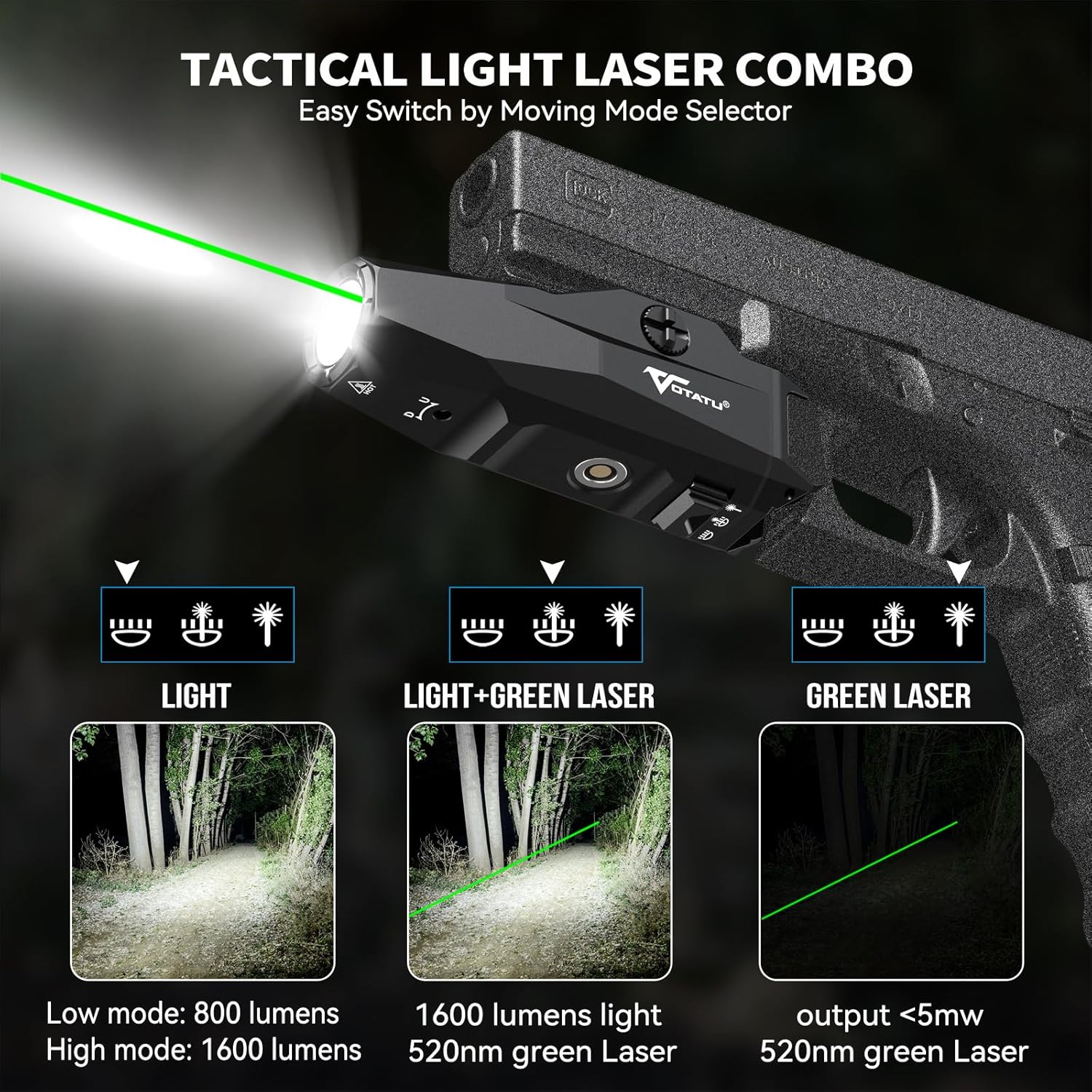 VOTATU 1600 Lumens Rechargeable Green Laser Flashlight Combo Pistol Mount Adjustable Rail Keys - Image 2