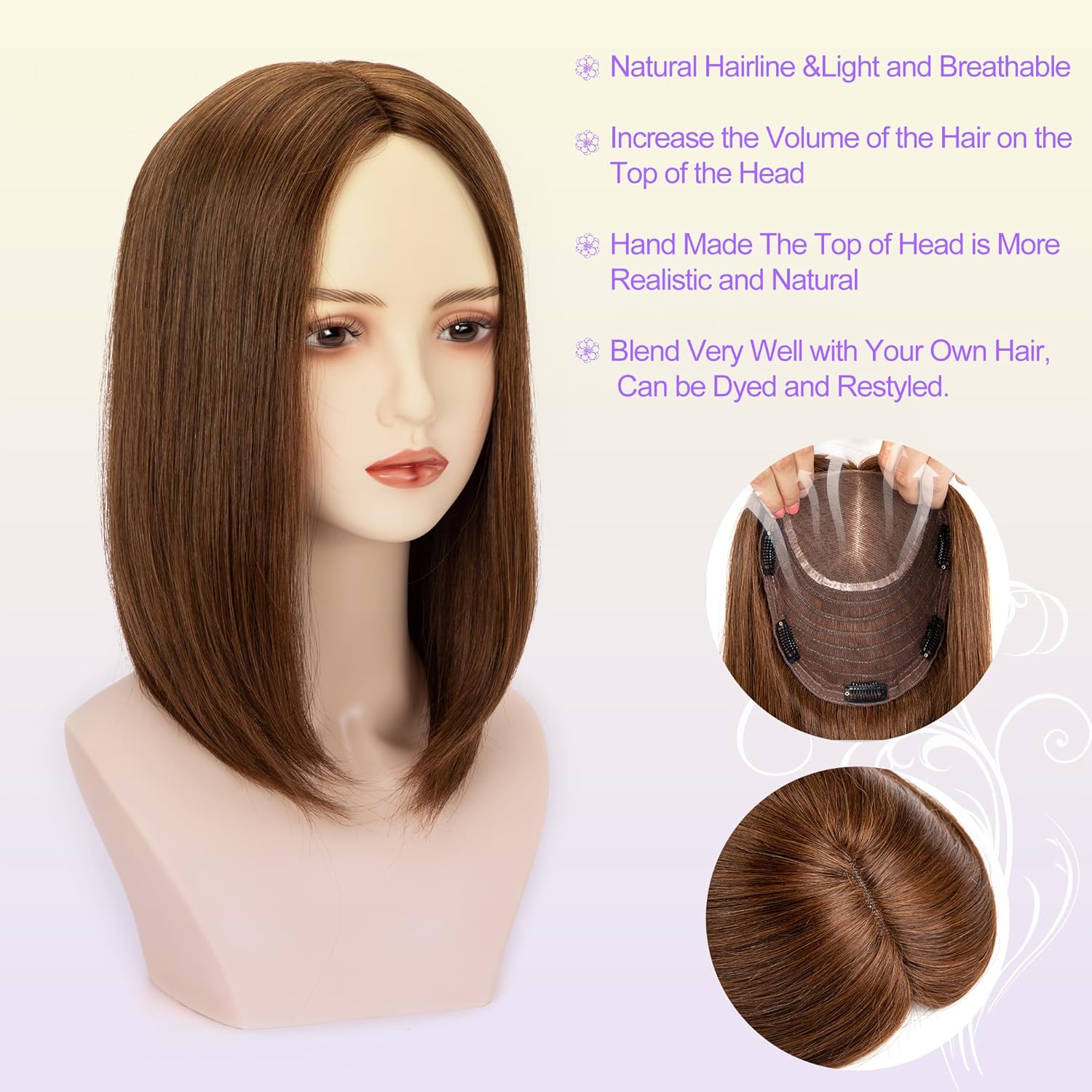 12 Inch Straight Clip-In Human Hair Topper for Women Thinning Hair 4# Color - Image 4