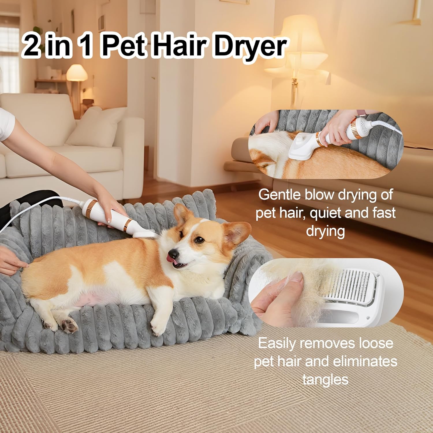 Portable 2-in-1 Dog Grooming Dryer and Brush, 300 Watts, 3-Speed Settings, Low Noise Operation - Image 3