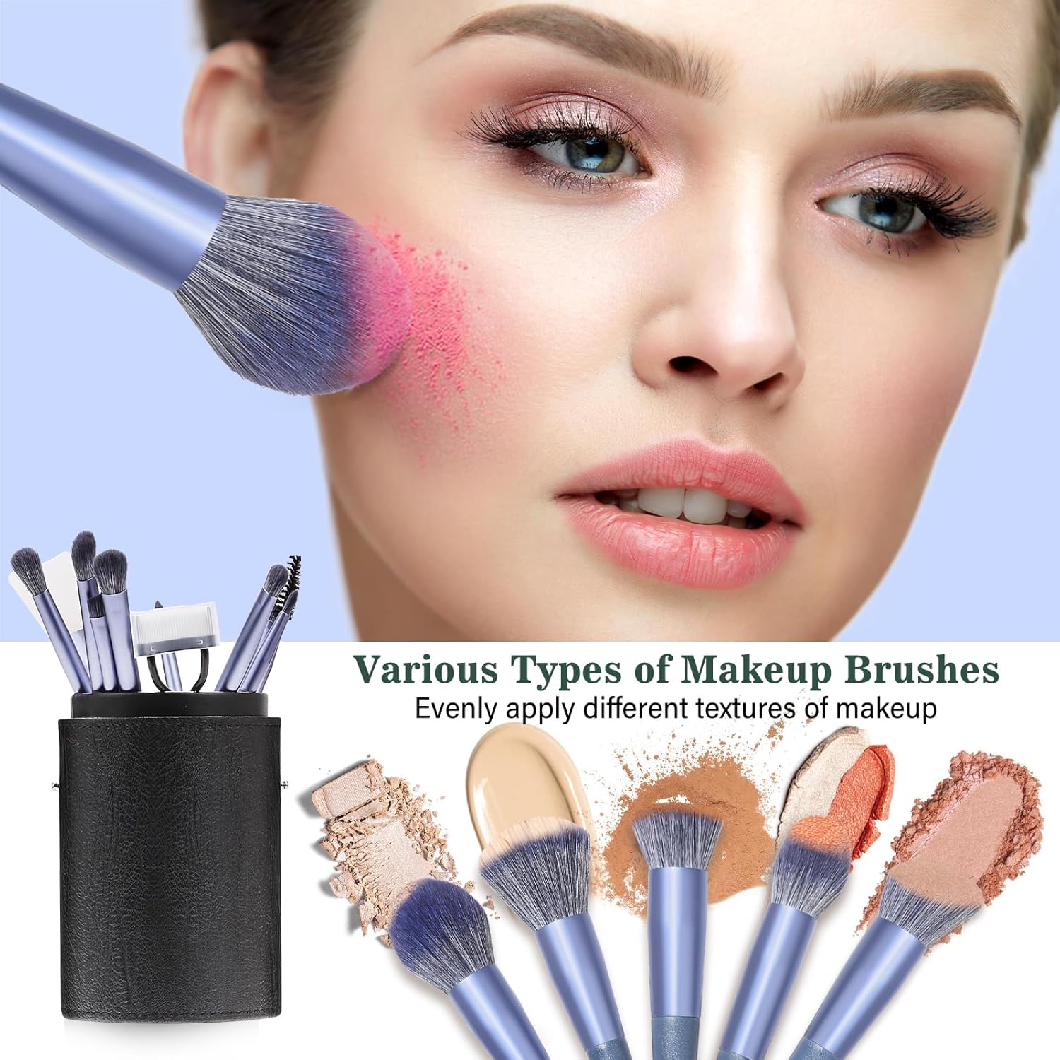 17-Piece Blue Makeup Brush Set with Organizer Case Foundation Eyebrow Blending - Image 2