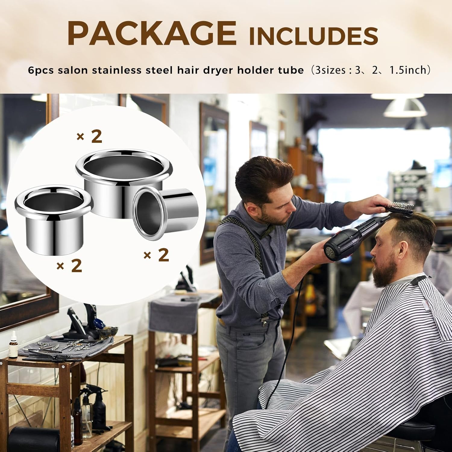 6 Piece Stainless Steel Hair Dryer Holder Set, 3 Assorted Sizes for Salon Station Organizer - Image 3