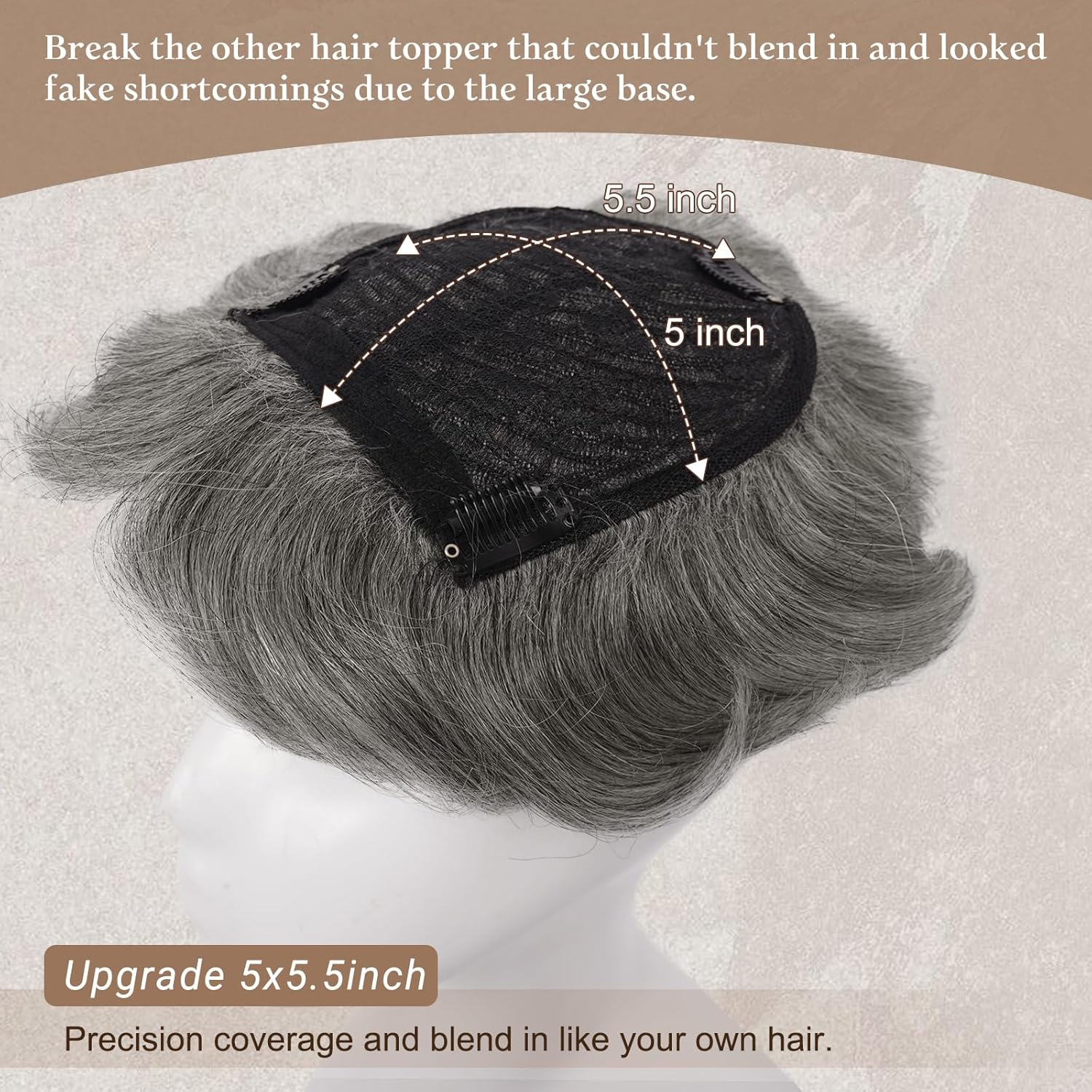 RUWISS Real Human Hair Short Curly Topper 5x5.5 Base Pixie Cut with Bangs Gray White Tips - Image 3