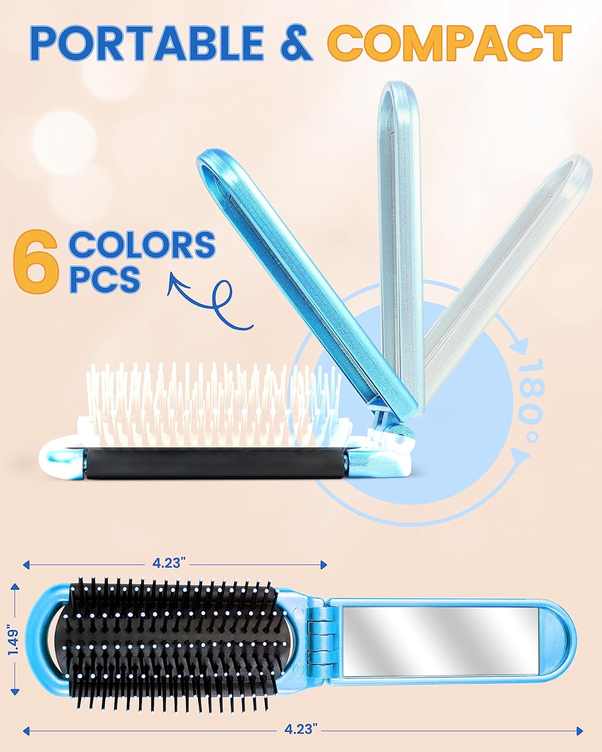 6 Piece Mini Folding Travel Hairbrush and Mirror Set for Women and Girls - Image 2