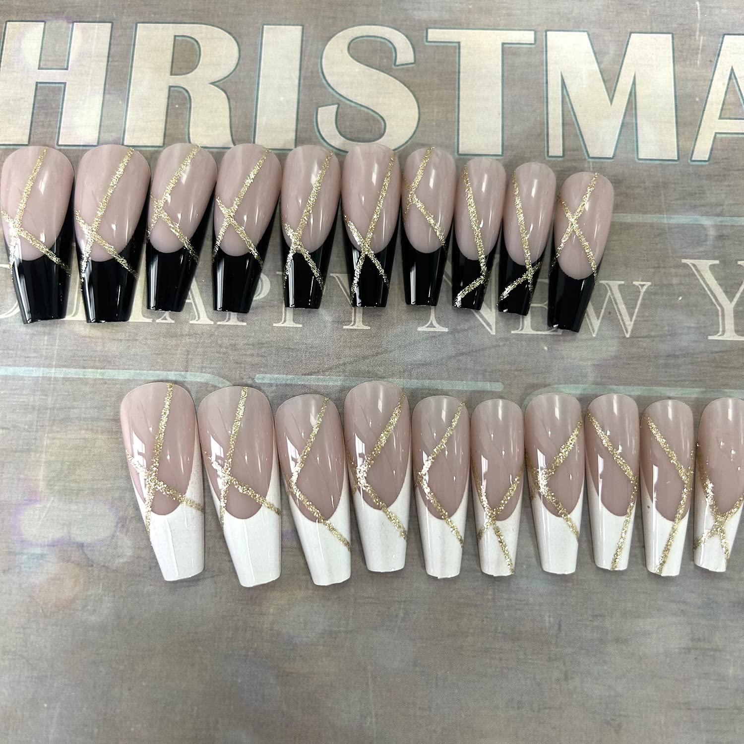 24-Piece Glossy Gold Line French Press On Nails Set Coffin Style Reusable Acrylic - Image 6