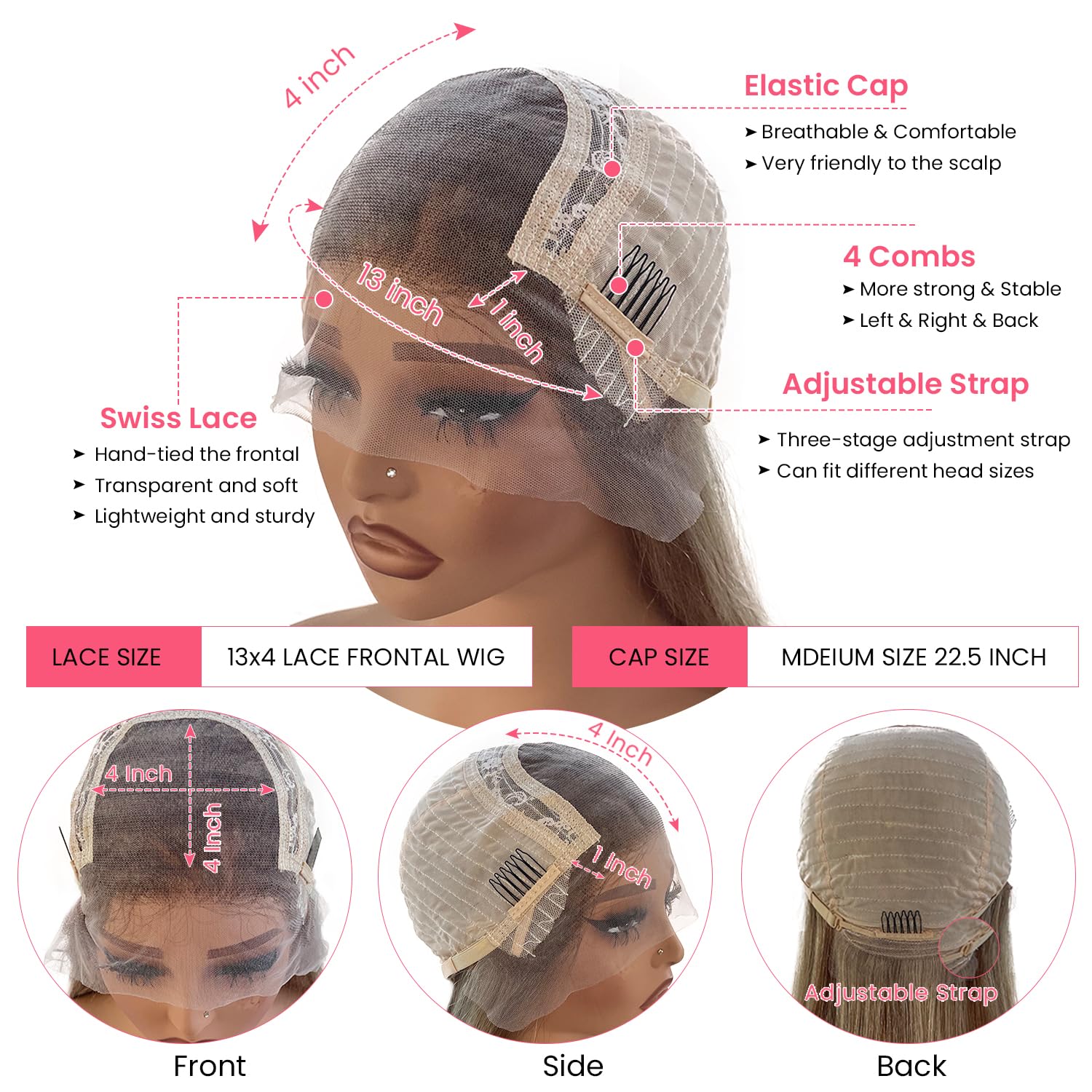 Smartinnov 24-Inch Ash Blonde Human Hair Wig Balayage Highlights Lace Front 150% Density - Image 4