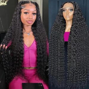 30 Inch Deep Wave Lace Front Wigs Human Hair 13x6 HD Transparent Deep Wave Lace Frontal Wigs for Women 200% Density Deep Curly Human Hair Wigs Pre Plcked Deep Wave Wig with Baby Hair