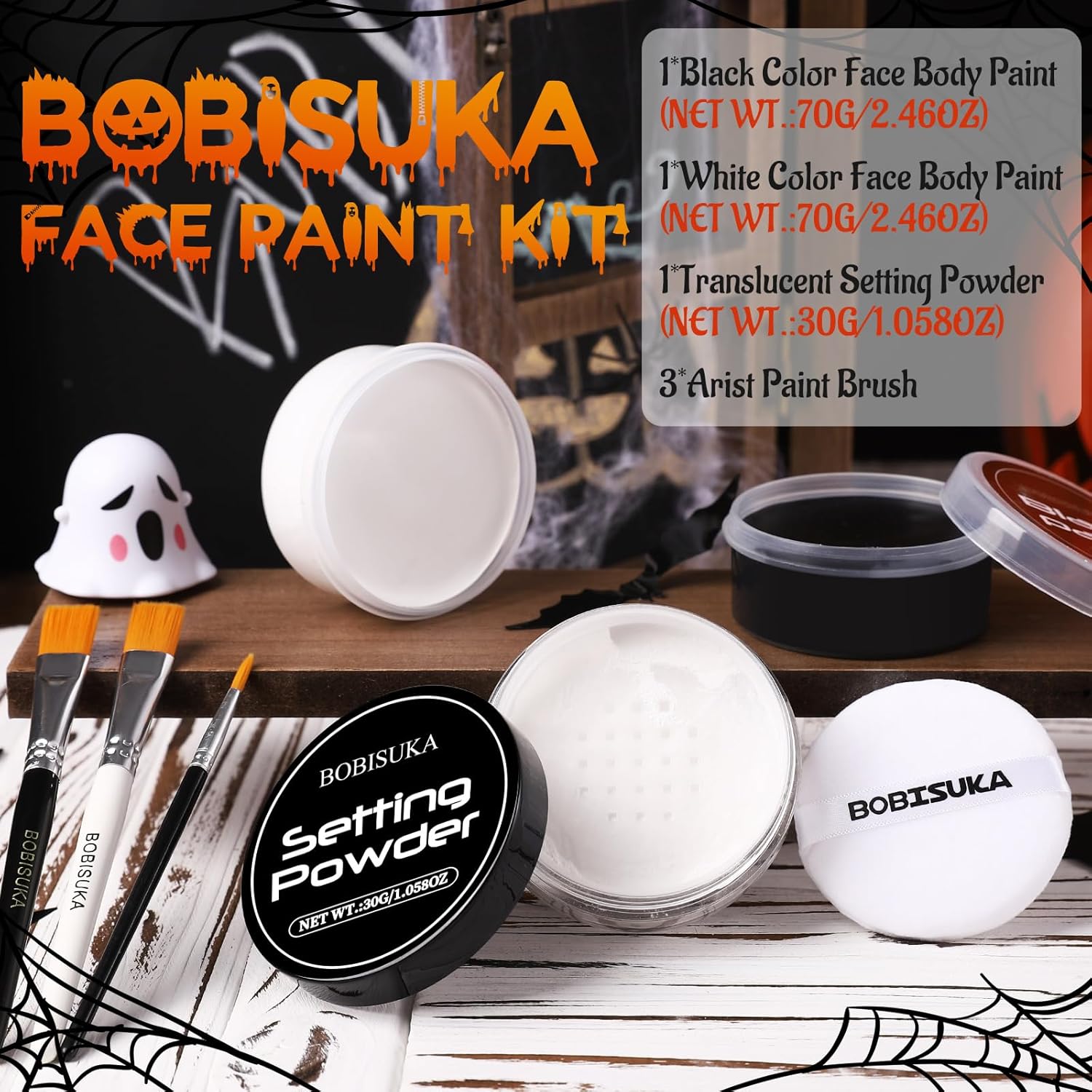 BOBISUKA Black White Face Body Paint Kit with Setting Powder 3 Brushes Adult Size - Image 2