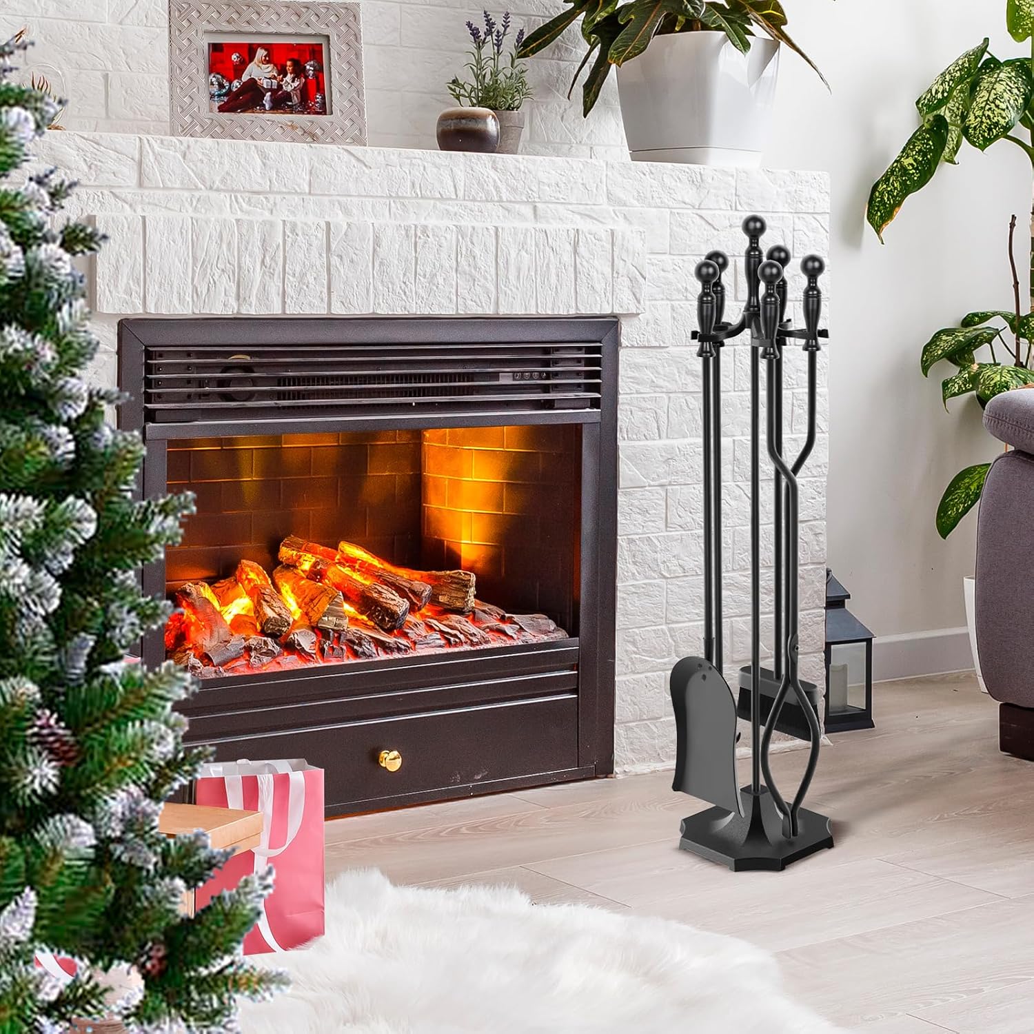 31 Inch 5-Piece Wrought Iron Fireplace Tool Set Ergonomic Handles Indoor Outdoor Use - Image 2