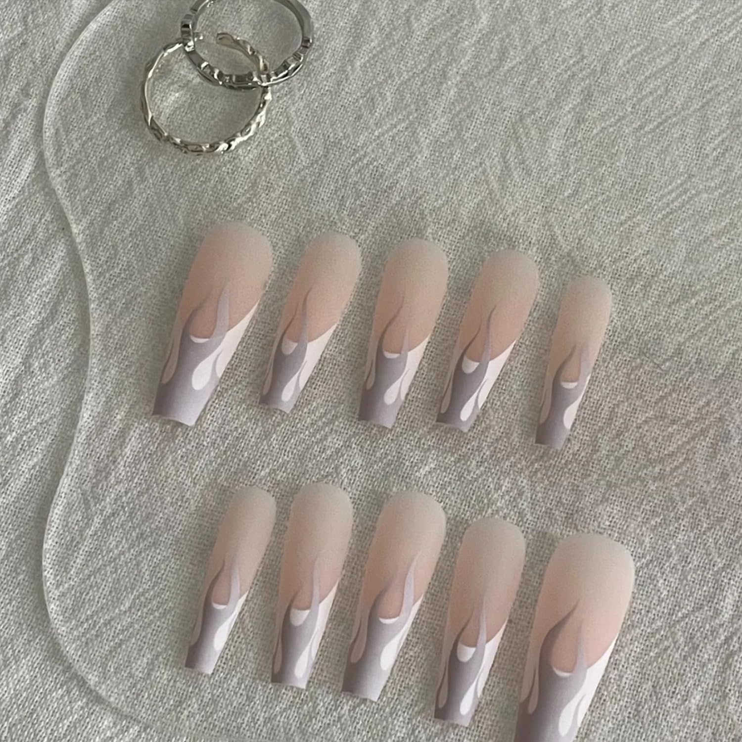 24Pcs Long Grey French Tip Coffin Press on Nails for Women with Glue - Image 5