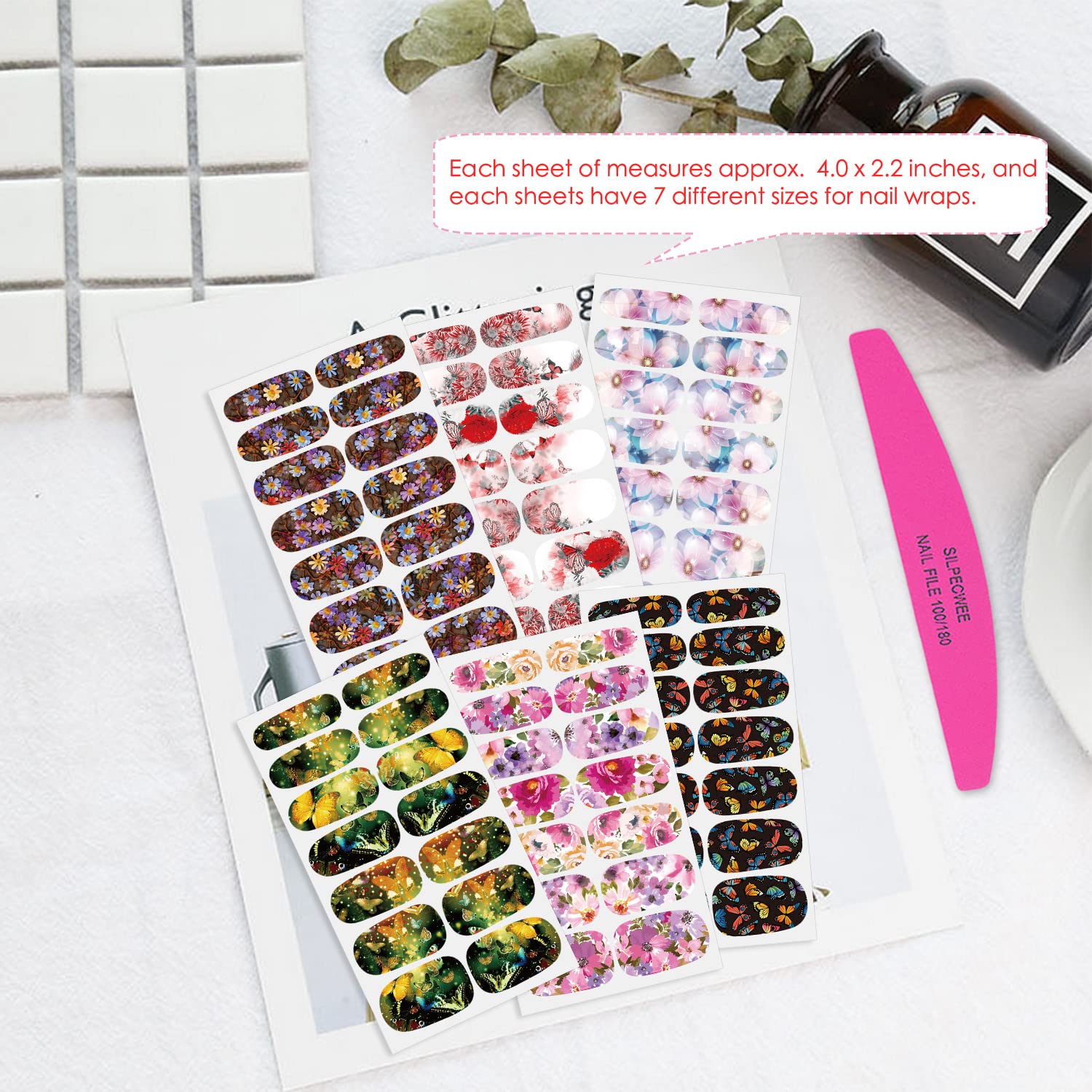 SILPECWEE 6 Sheets Floral Design Full Nail Polish Wraps Self-Adhesive Manicure Set - Image 5