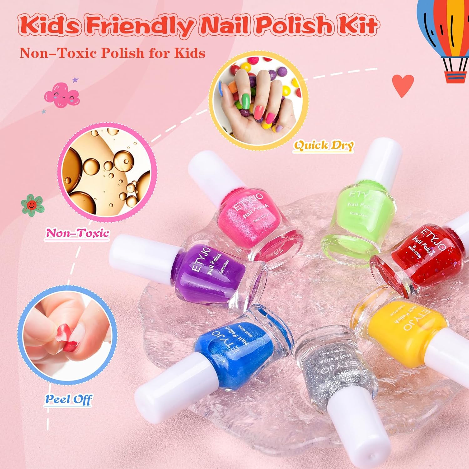 Non-Toxic Peel-Off Water-Based Nail Polish Set for Kids Ages 3+, 7 Vibrant Colors with Stickers - Image 3