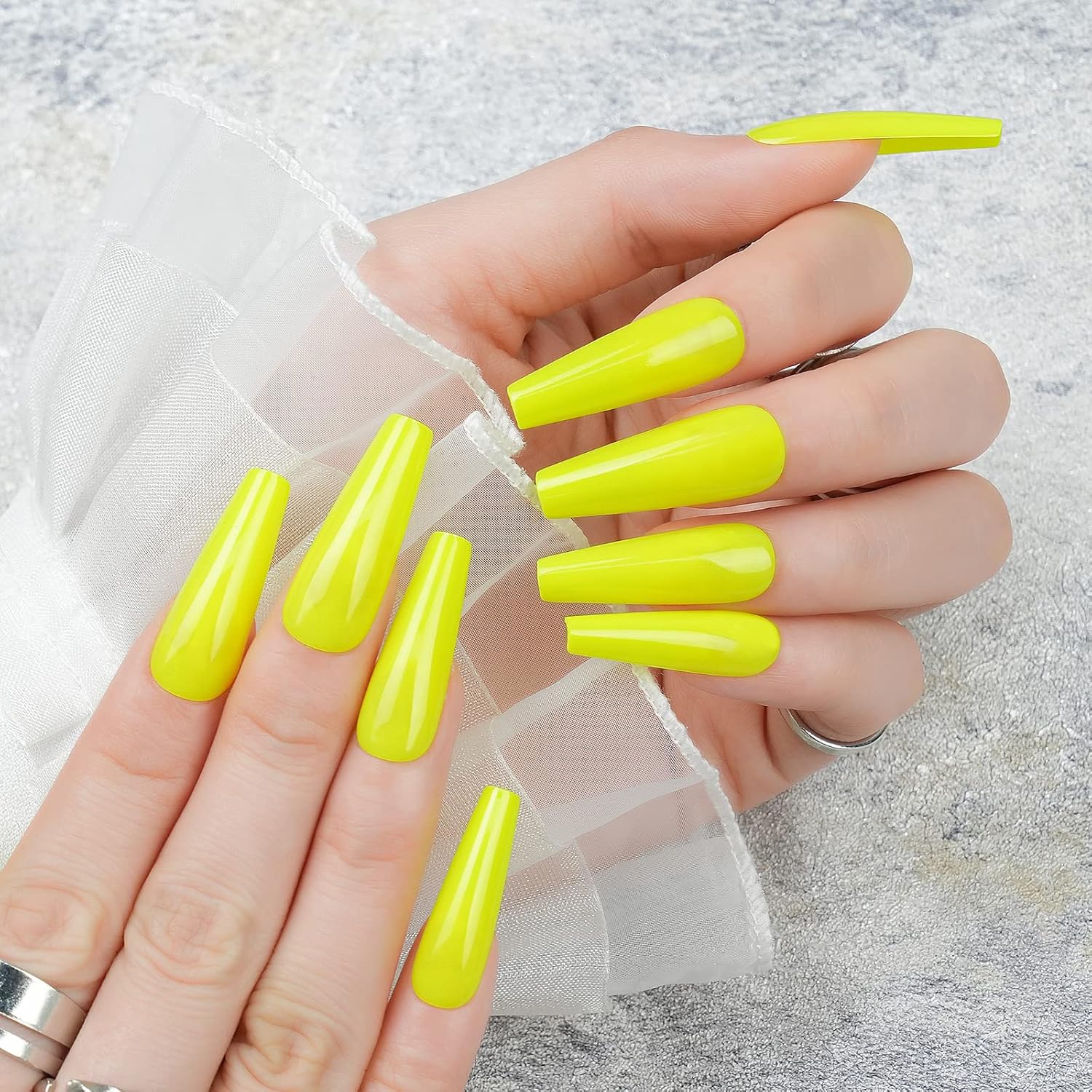 24pcs Long Coffin Press on Nails, Reusable Glossy Acrylic Fluorescent Yellow Nail Tips - Image 9