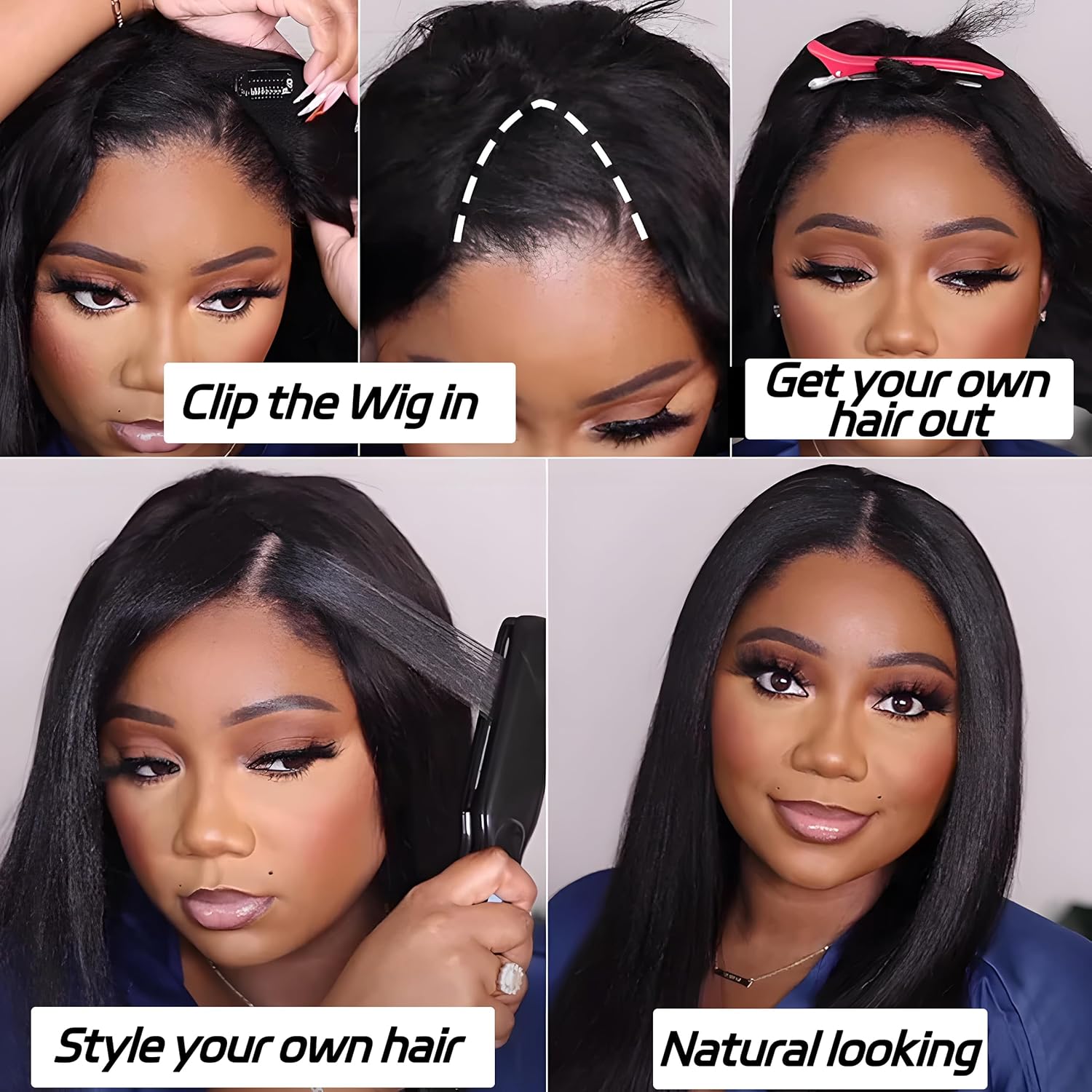 V Part Kinky Straight Human Hair Wig 16 Inch Glueless Clip-in Half Wig for Women - Image 6