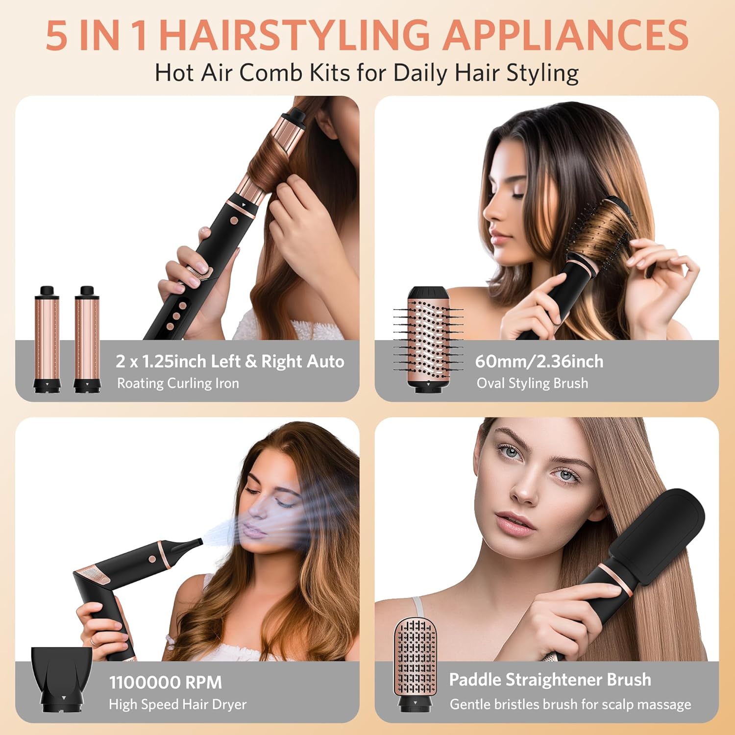 Hair Dryer Brush – 5-in-1 Hair Styler Set, Auto Air Wrap Curlers, Straightener, Frizz-Free Fast Drying, Volumizing, 110,000 RPM Blow Dryer with 200 Million Ions – Multi-Styler & Travel Case - Image 2