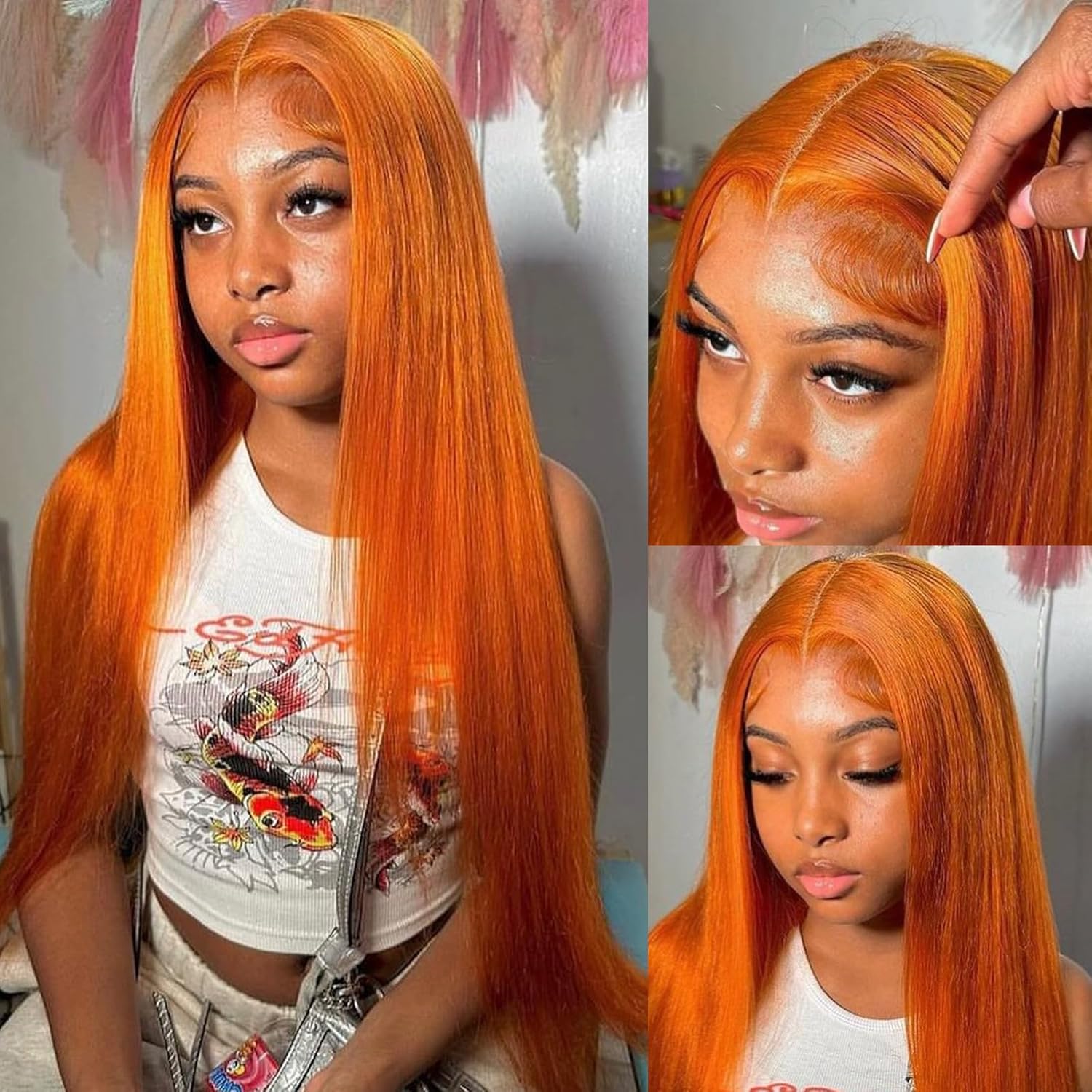 Ginger Orange 13x6 Lace Front Wig for Women, 30 Inch Straight Human Hair, 180% Density - Image 3