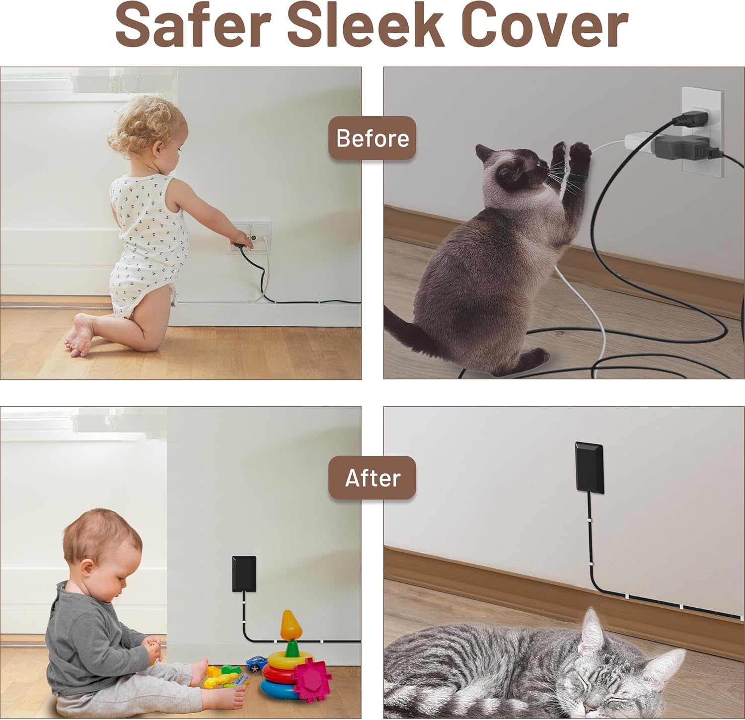 Flat Plug Extension Cord 3FT with Ultra Thin Outlet Concealer and 3 Outlet Power Strip in Black - Image 3