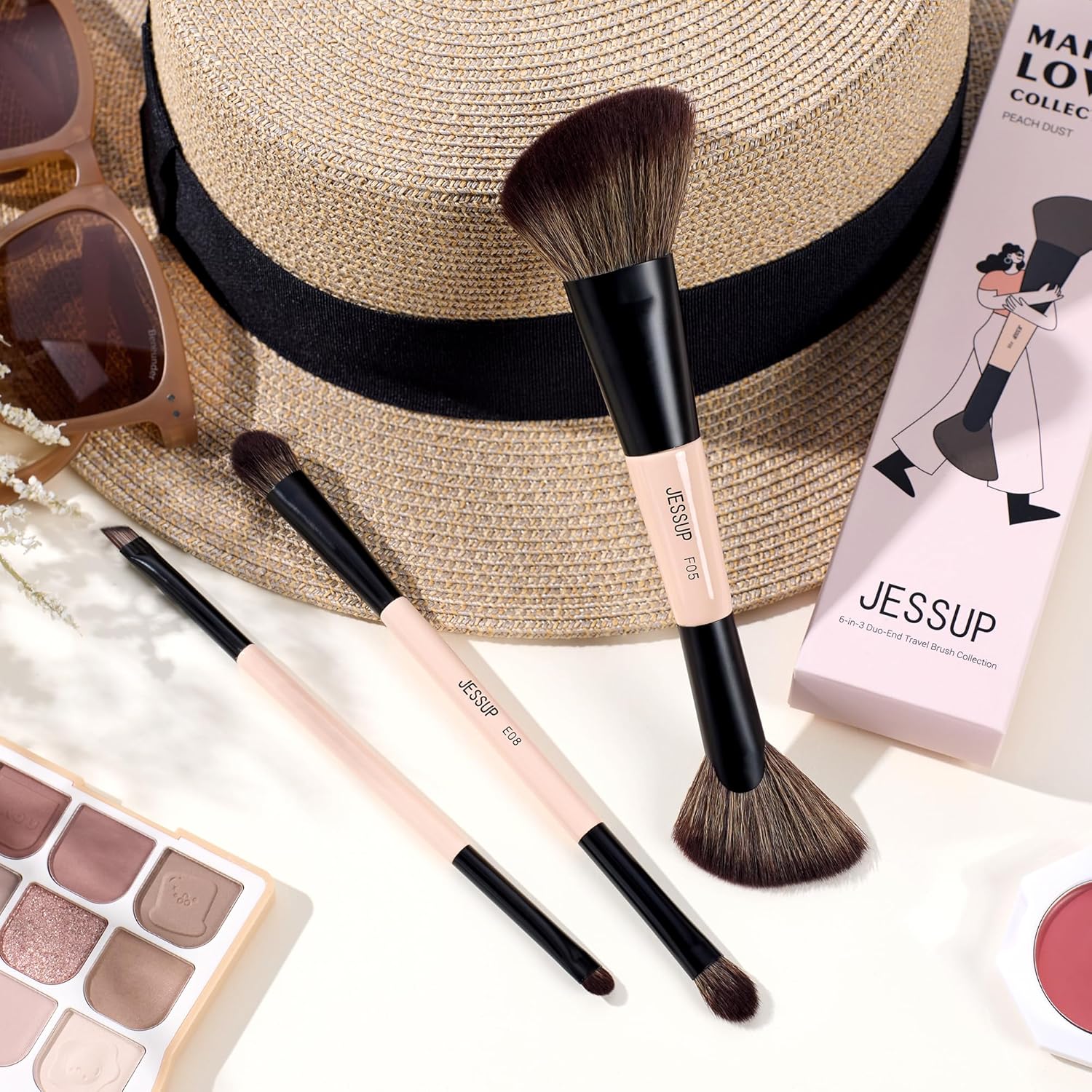 Jessup 3-Piece Travel Makeup Brush Set with Double-Sided Contour Eyeshadow Brushes - Image 6