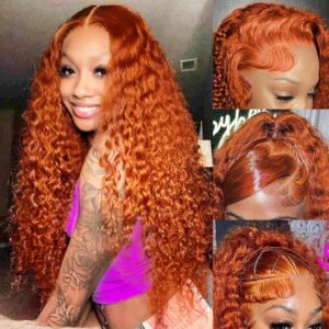 SOEZ 26 Inch Ginger Orange Lace Front Wigs Human Hair Deep Wave 13x4 HD Transparent Lace Frontal Wig for Women 180% Density Curly Wet and Wavy Lace Front Wigs Human Hair 350# Colored Glueless Wig