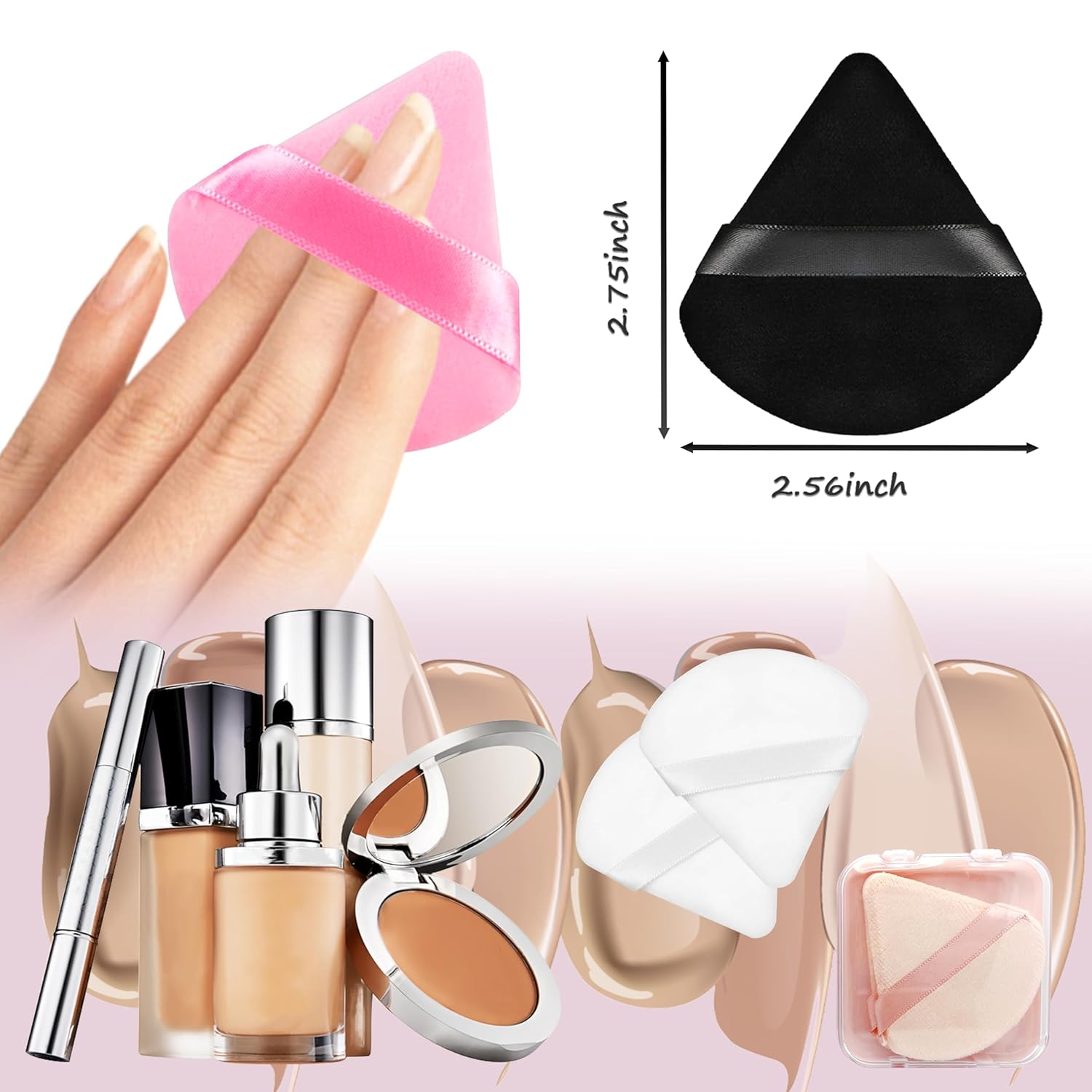 8 Reusable Velour Triangle Makeup Puffs with 4 Travel Cases for Foundation and Powder - Image 2