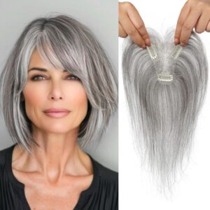 REECHO Hair Toppers for Women Real Human Hair, Seamless Human Hair Toppers with Bangs, 360° 3D Cover Clip in Bangs Hair Extensions for Daily Wear, Gray