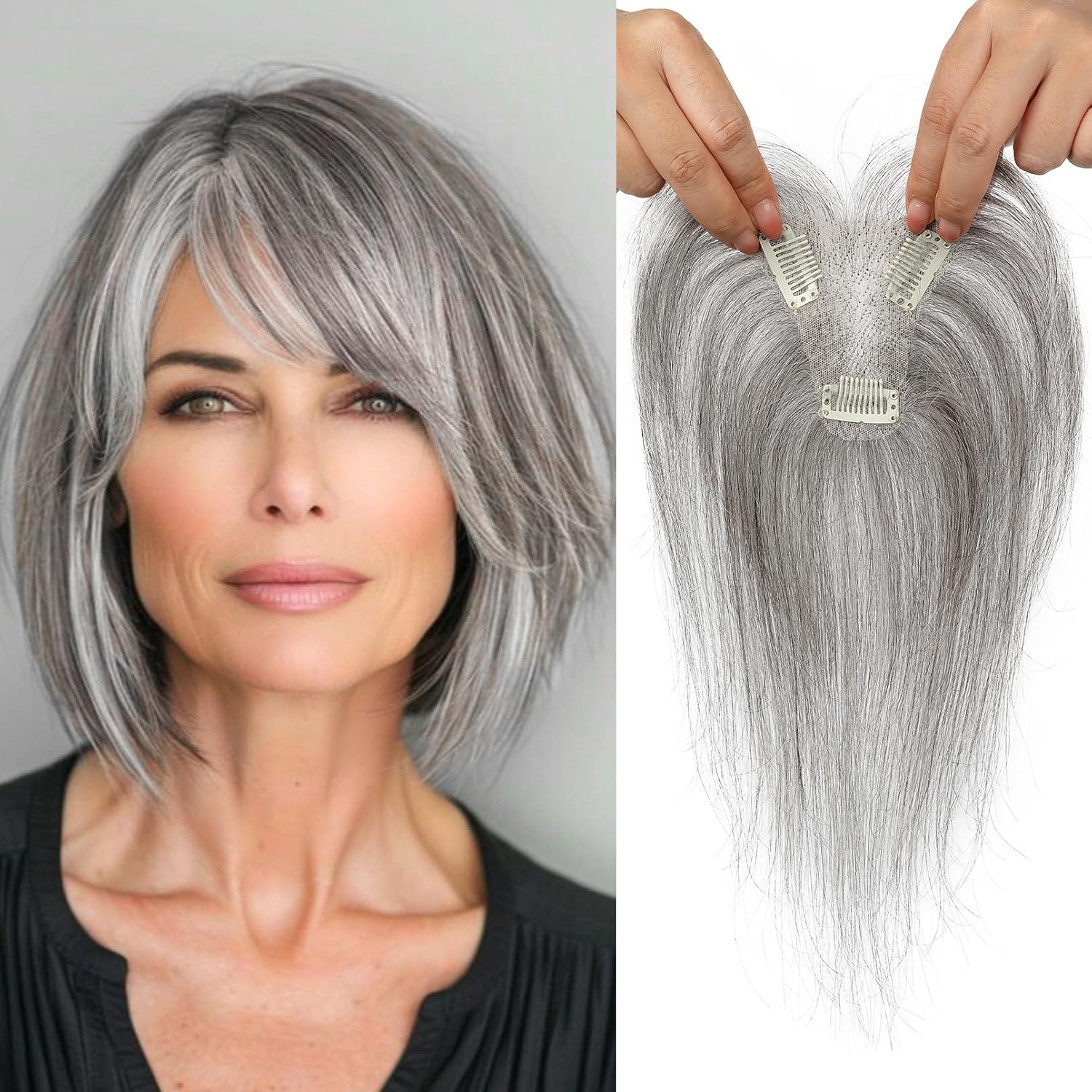 REECHO Hair Toppers for Women Real Human Hair, Seamless Human Hair Toppers with Bangs, 360° 3D Cover Clip in Bangs Hair Extensions for Daily Wear, Gray